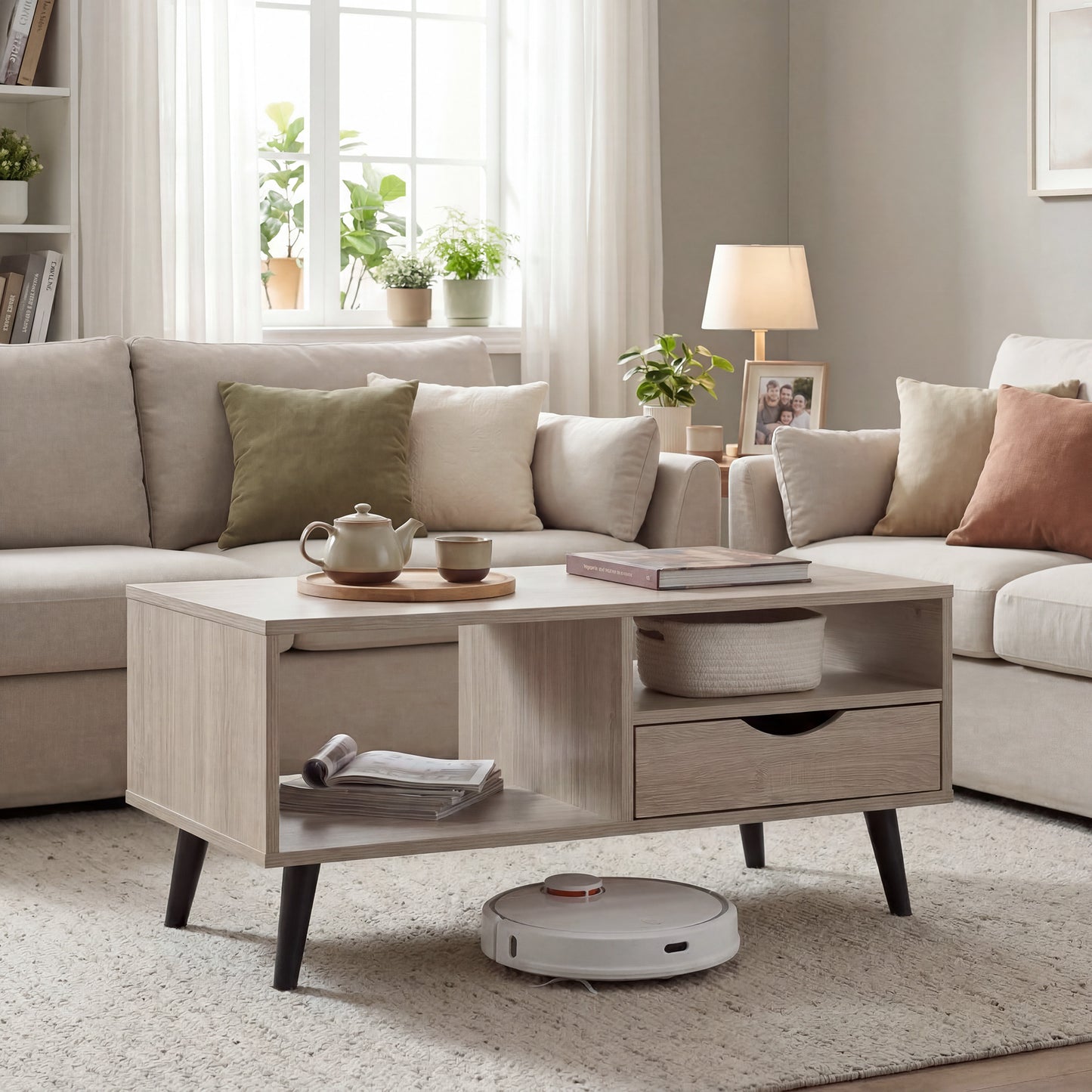 Patiojoy Wooden Coffee Table Rustic Accent Cocktail Table with Storage Drawer & Open Shelves Natural/Walnut