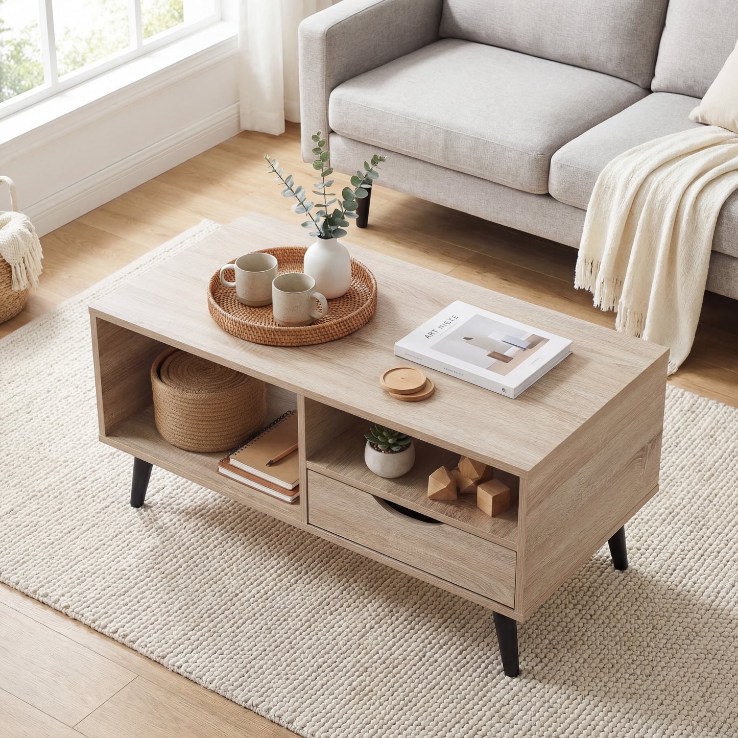 Patiojoy Wooden Coffee Table Rustic Accent Cocktail Table with Storage Drawer & Open Shelves Natural/Walnut