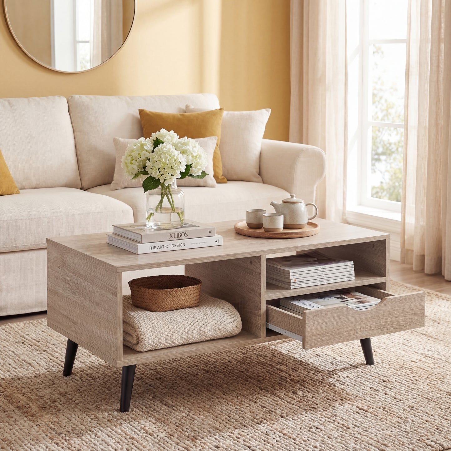 Patiojoy Wooden Coffee Table Rustic Accent Cocktail Table with Storage Drawer & Open Shelves Natural/Walnut