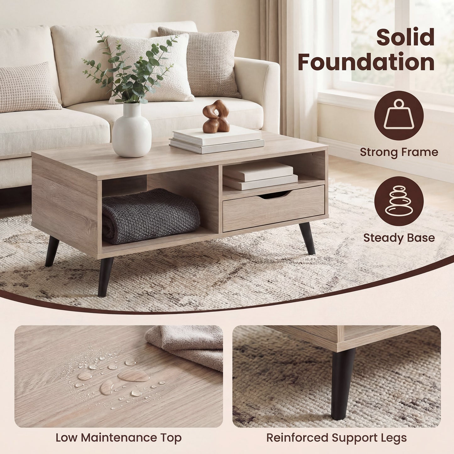 Patiojoy Wooden Coffee Table Rustic Accent Cocktail Table with Storage Drawer & Open Shelves Natural/Walnut