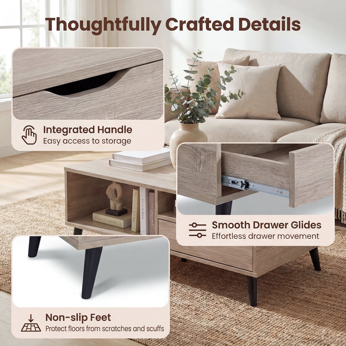 Patiojoy Wooden Coffee Table Rustic Accent Cocktail Table with Storage Drawer & Open Shelves Natural/Walnut
