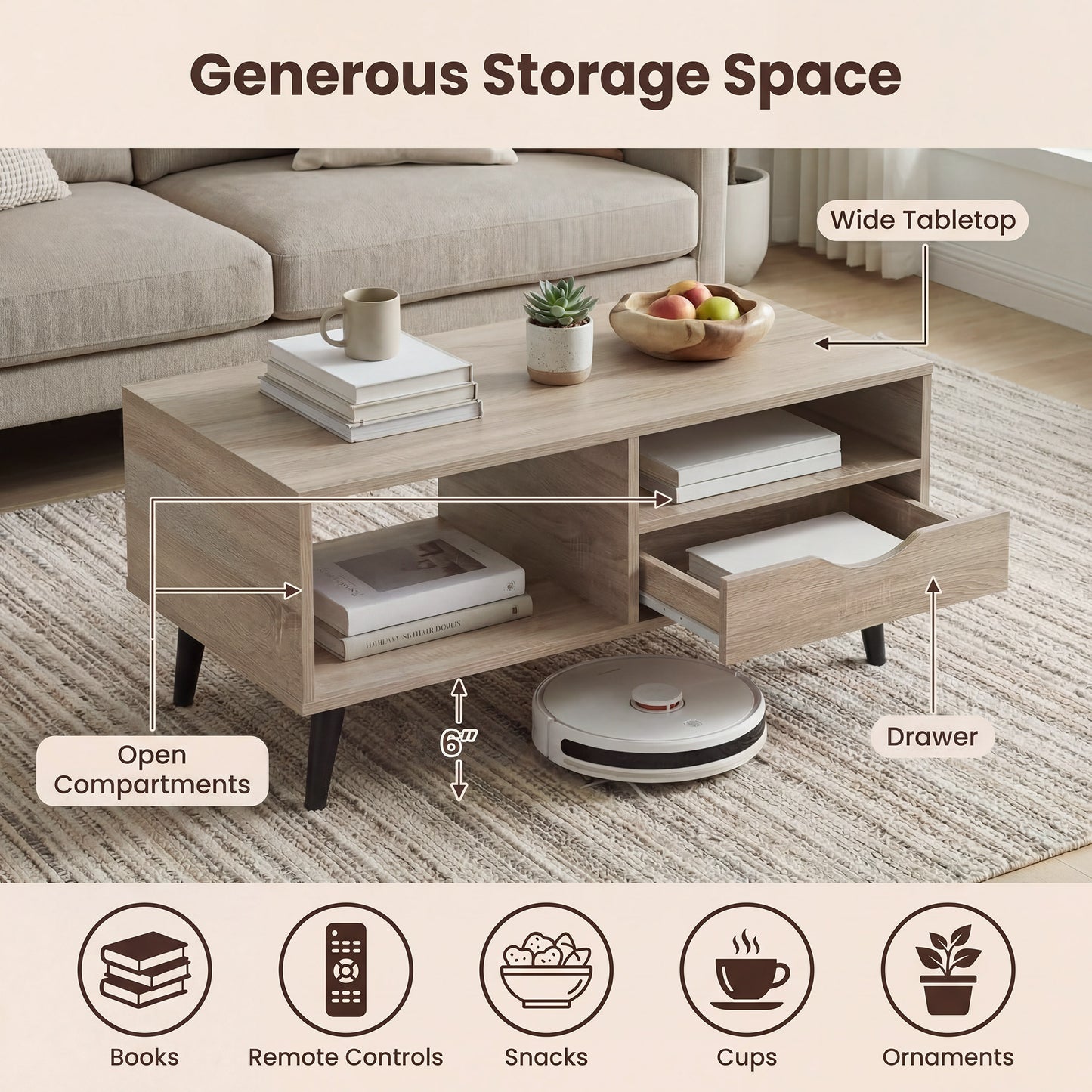 Patiojoy Wooden Coffee Table Rustic Accent Cocktail Table with Storage Drawer & Open Shelves Natural/Walnut