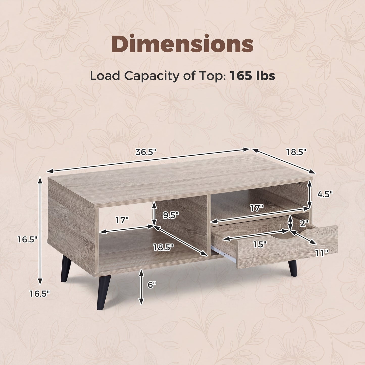 Patiojoy Wooden Coffee Table Rustic Accent Cocktail Table with Storage Drawer & Open Shelves Natural/Walnut