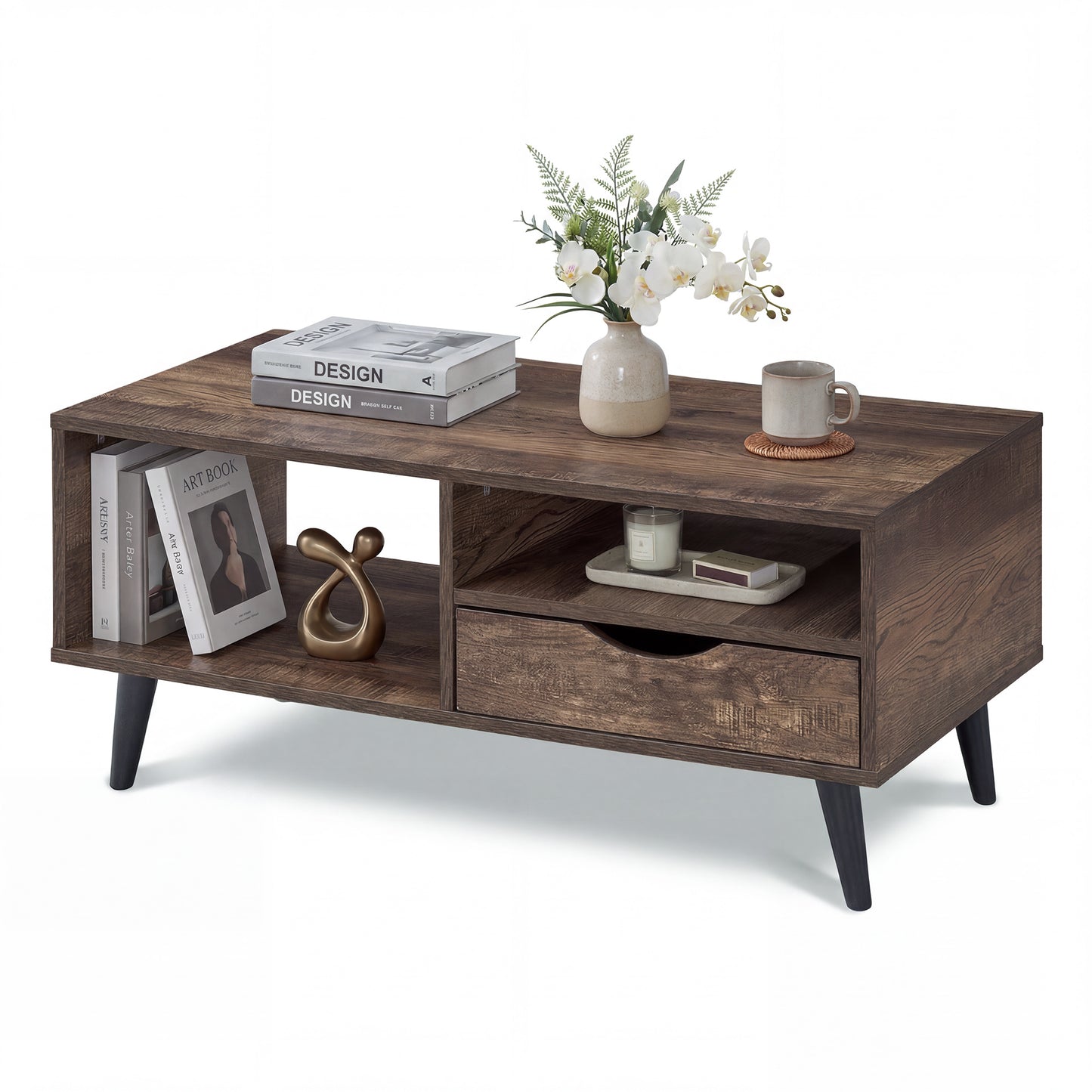 Patiojoy Wooden Coffee Table Rustic Accent Cocktail Table with Storage Drawer & Open Shelves Natural/Walnut
