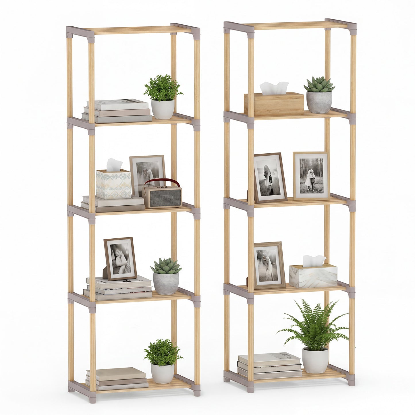 Patiojoy 2PCS Solid Wood Bookshelf 4/5 Tier Open Bookcase with Slatted Shelves Multipurpose Storage and Display Rack