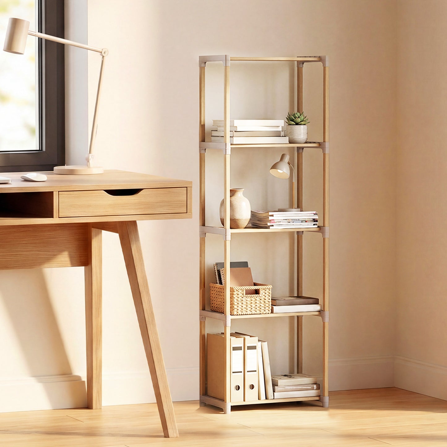 Patiojoy 2PCS Solid Wood Bookshelf 4/5 Tier Open Bookcase with Slatted Shelves Multipurpose Storage and Display Rack