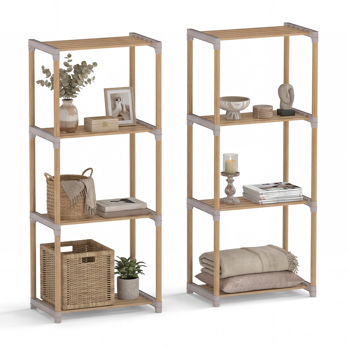 Patiojoy 2PCS Solid Wood Bookshelf 4/5 Tier Open Bookcase with Slatted Shelves Multipurpose Storage and Display Rack