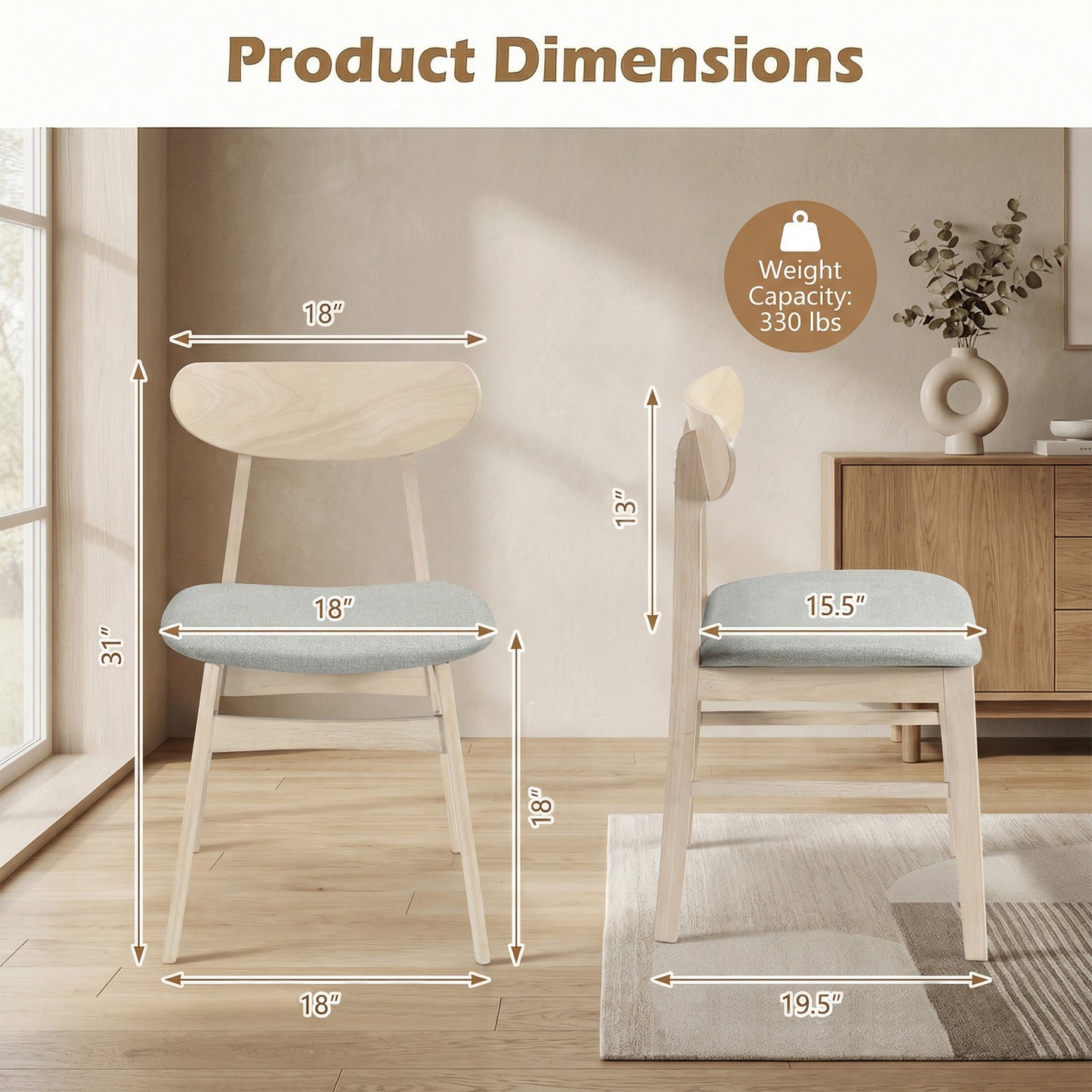 Patiojoy Mid-Century Modern Dining Chair Set of 2/4 Fabric Upholstered Armless Chairs with Rubber Wood