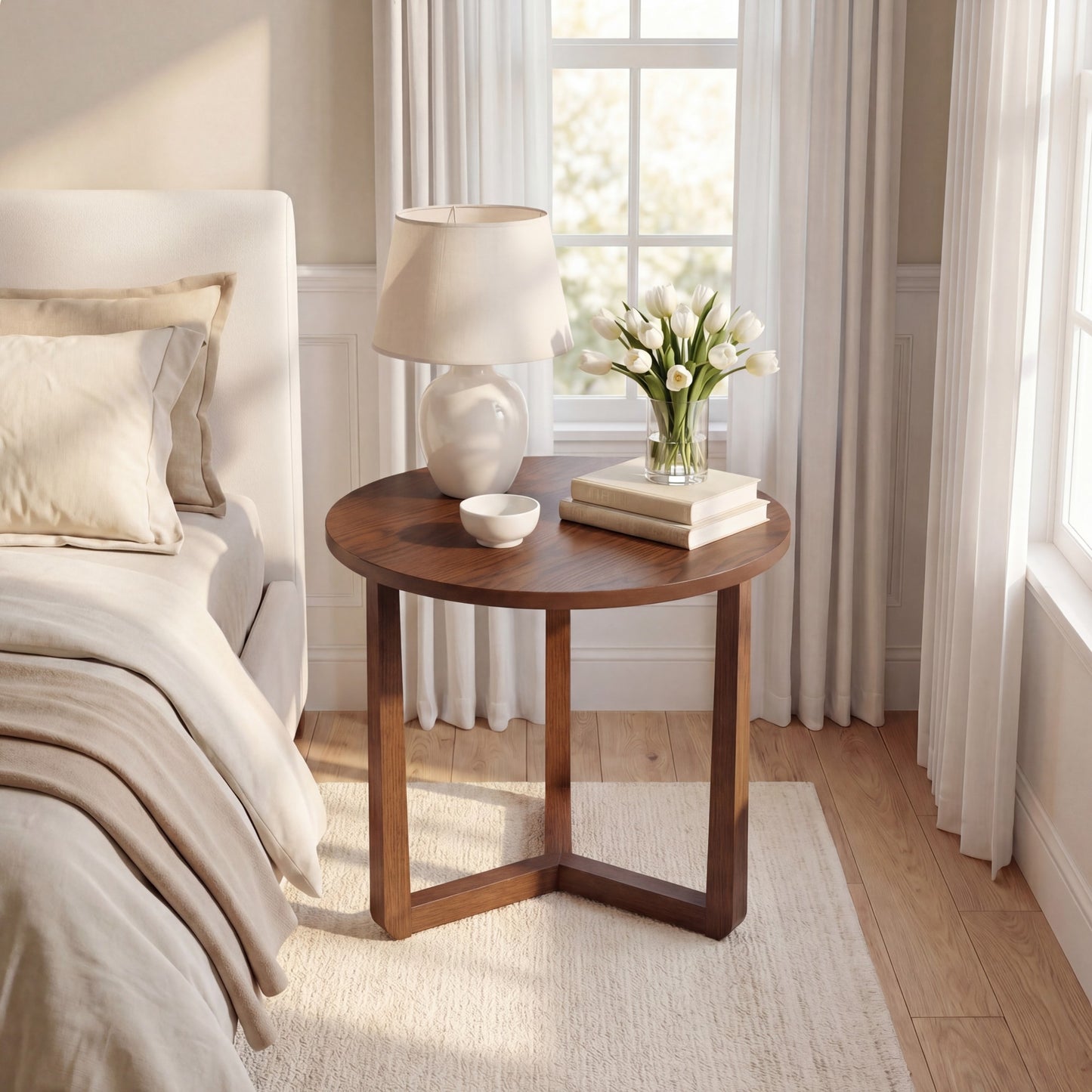 Patiojoy 22.5" Round Farmhouse Side Table Compact End Table with Rubber Wood Legs and Stable Triangular Frame