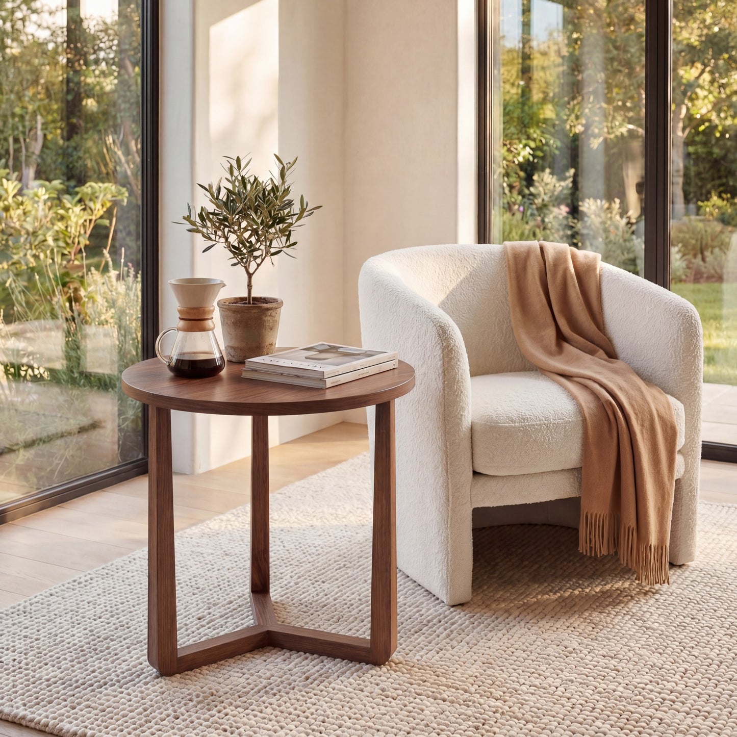 Patiojoy 22.5" Round Farmhouse Side Table Compact End Table with Rubber Wood Legs and Stable Triangular Frame