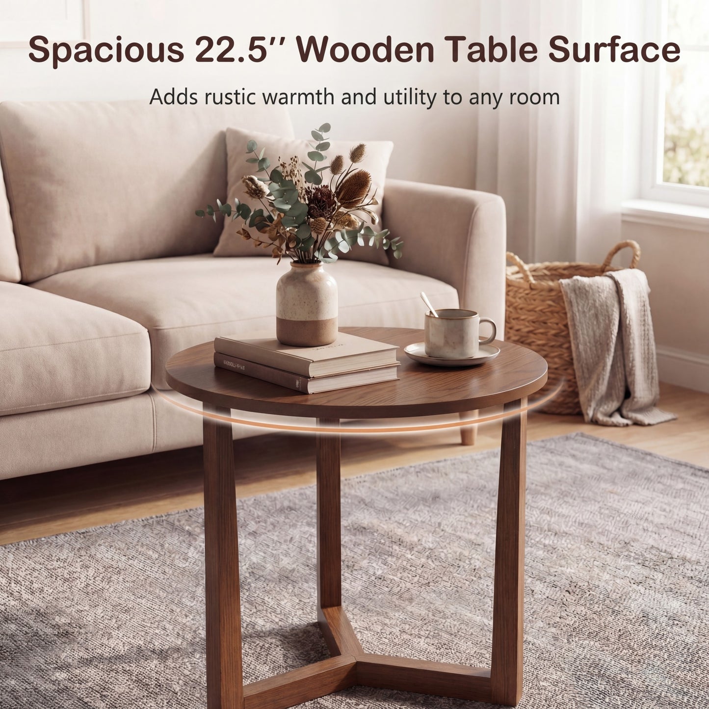 Patiojoy 22.5" Round Farmhouse Side Table Compact End Table with Rubber Wood Legs and Stable Triangular Frame