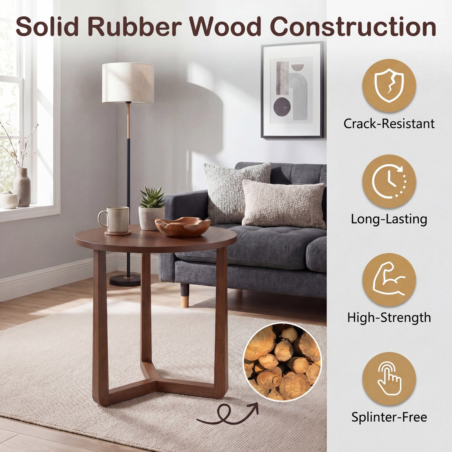 Patiojoy 22.5" Round Farmhouse Side Table Compact End Table with Rubber Wood Legs and Stable Triangular Frame