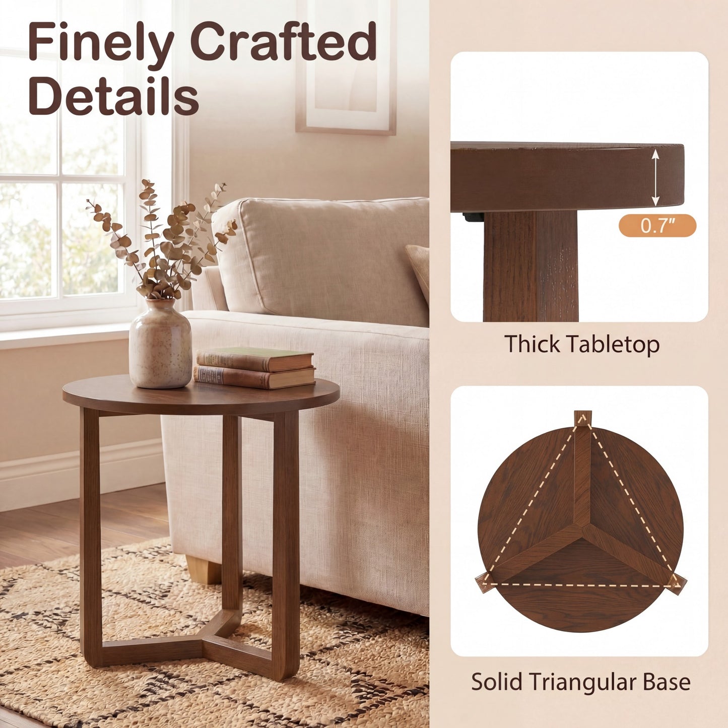 Patiojoy 22.5" Round Farmhouse Side Table Compact End Table with Rubber Wood Legs and Stable Triangular Frame