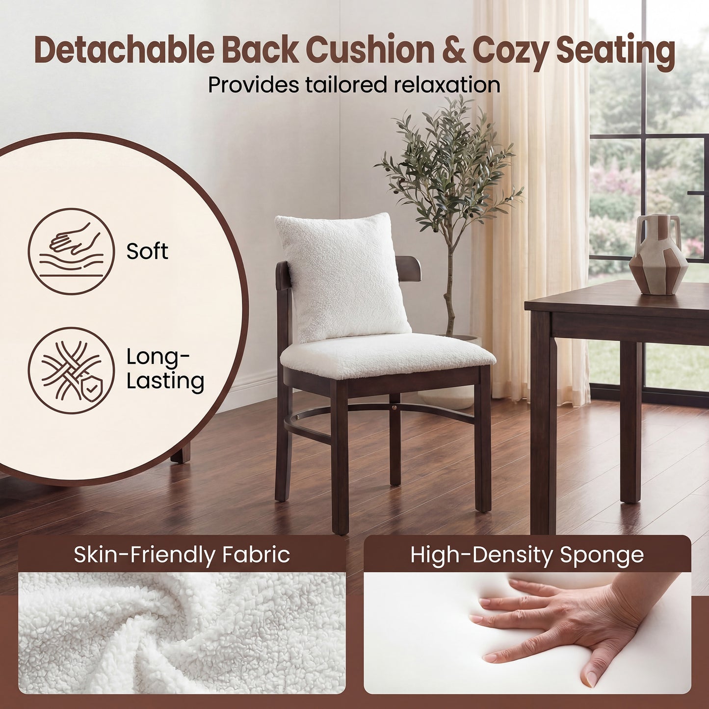 Patiojoy Set of 2/4 Upholstered Fabric Wood Dining Chairs Farmhouse Armless Kitchen Seats with Curved Back & Detachable Pillow