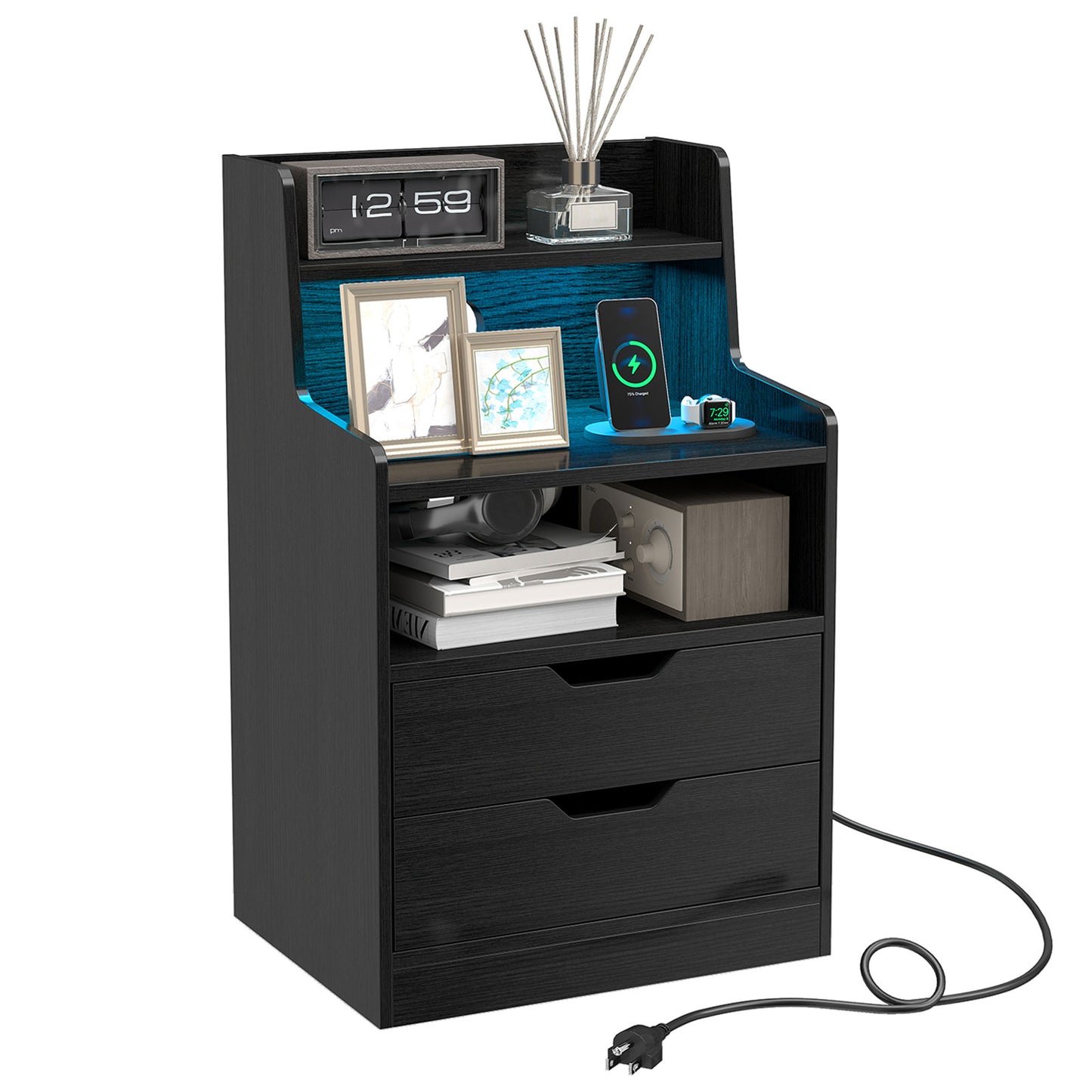Patiojoy Nightstand with Charging Station & LED Lights Smart Night Stand with Hutch & Remote Black/White