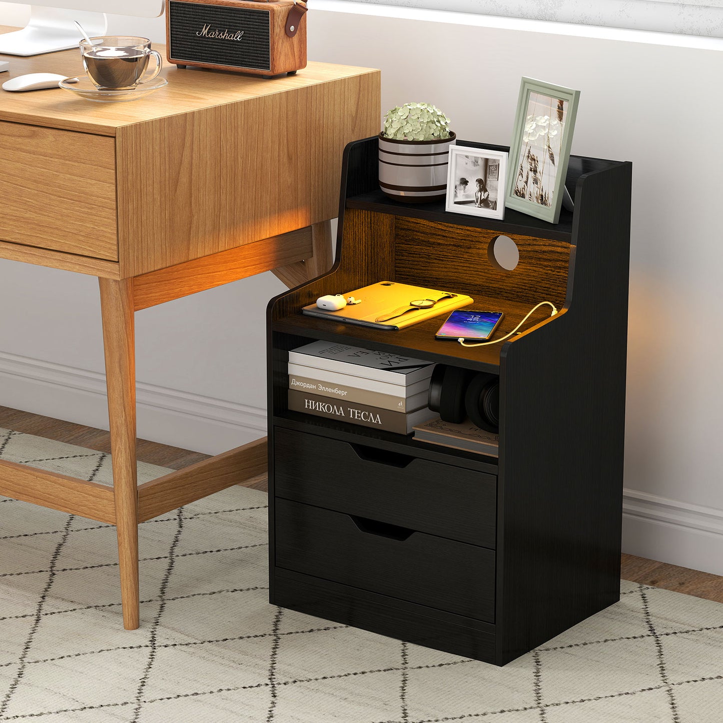 Patiojoy Nightstand with Charging Station & LED Lights Smart Night Stand with Hutch & Remote Black/White