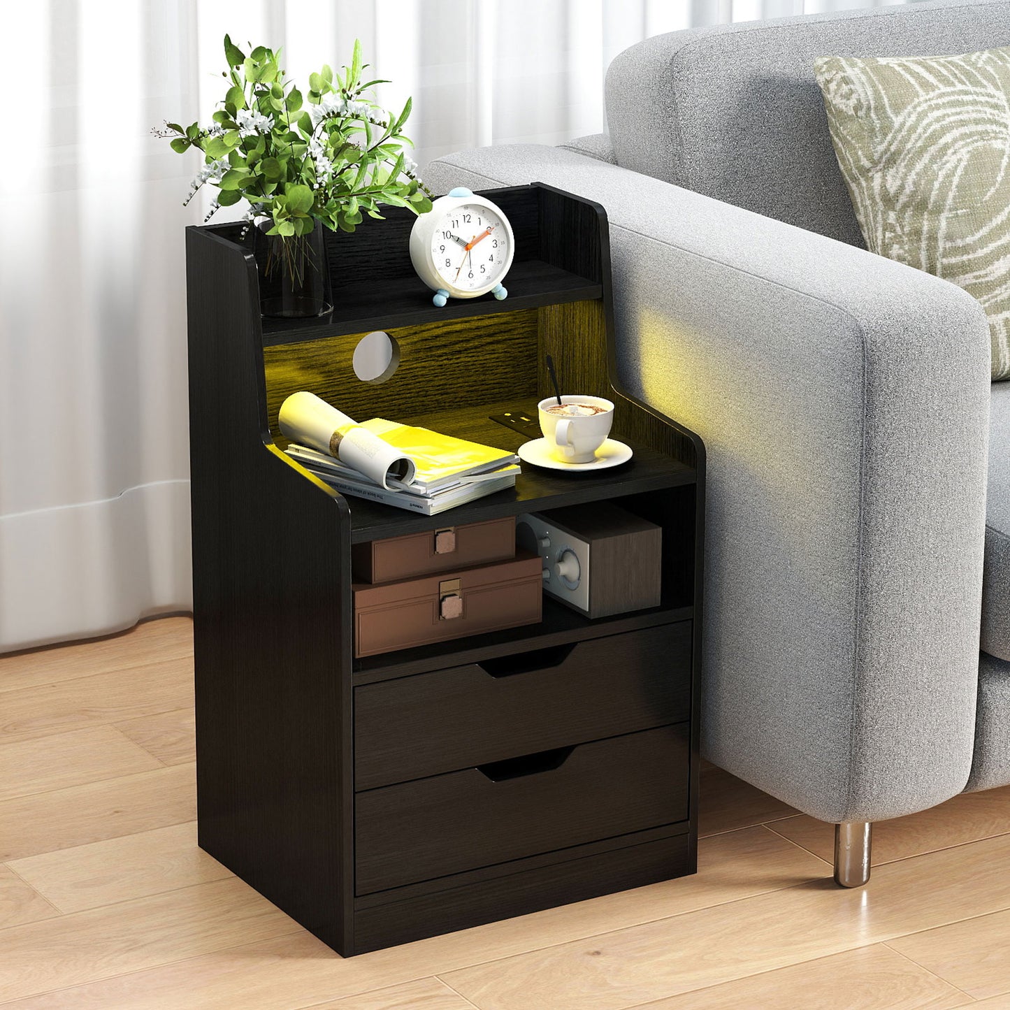 Patiojoy Nightstand with Charging Station & LED Lights Smart Night Stand with Hutch & Remote Black/White