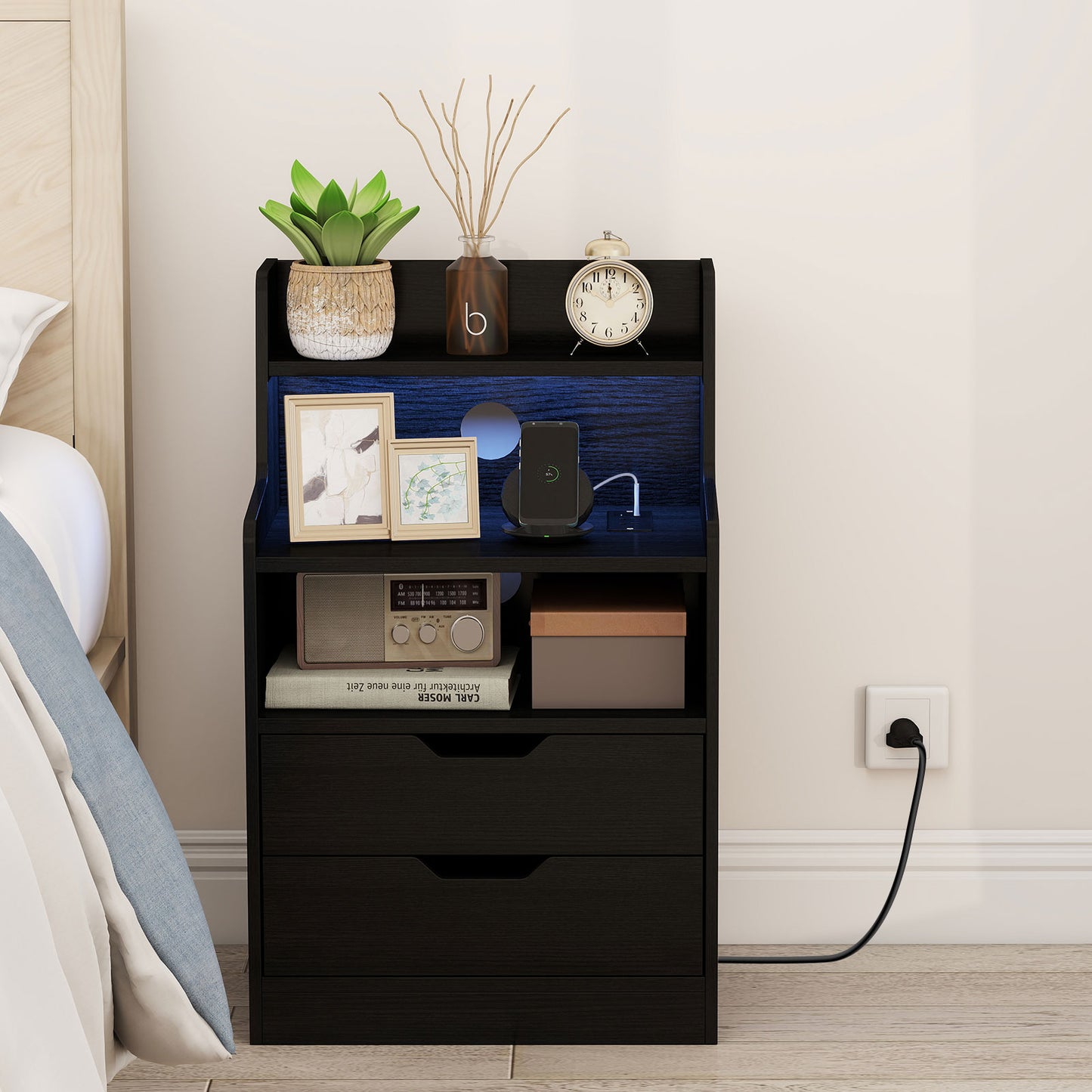 Patiojoy Nightstand with Charging Station & LED Lights Smart Night Stand with Hutch & Remote Black/White