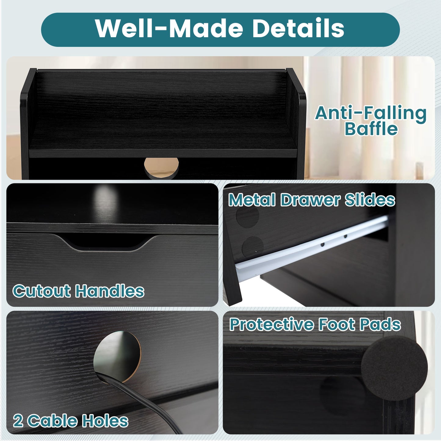 Patiojoy Nightstand with Charging Station & LED Lights Smart Night Stand with Hutch & Remote Black/White