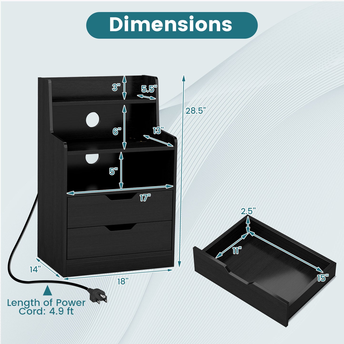Patiojoy Nightstand with Charging Station & LED Lights Smart Night Stand with Hutch & Remote Black/White