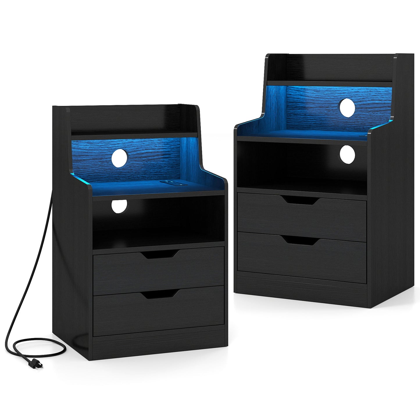 Patiojoy Nightstand with Charging Station & LED Lights Smart Night Stand with Hutch & Remote Black/White
