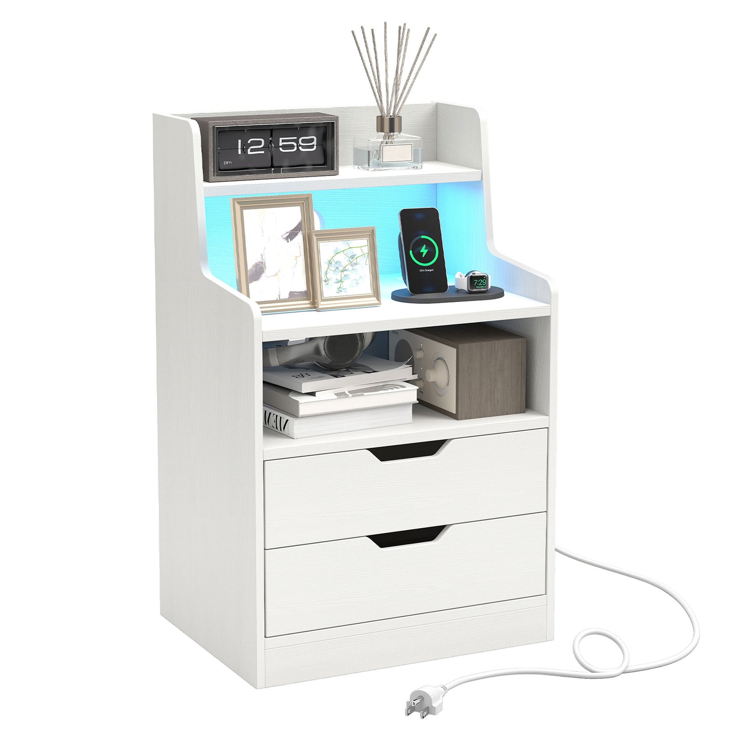 Patiojoy Nightstand with Charging Station & LED Lights Smart Night Stand with Hutch & Remote Black/White
