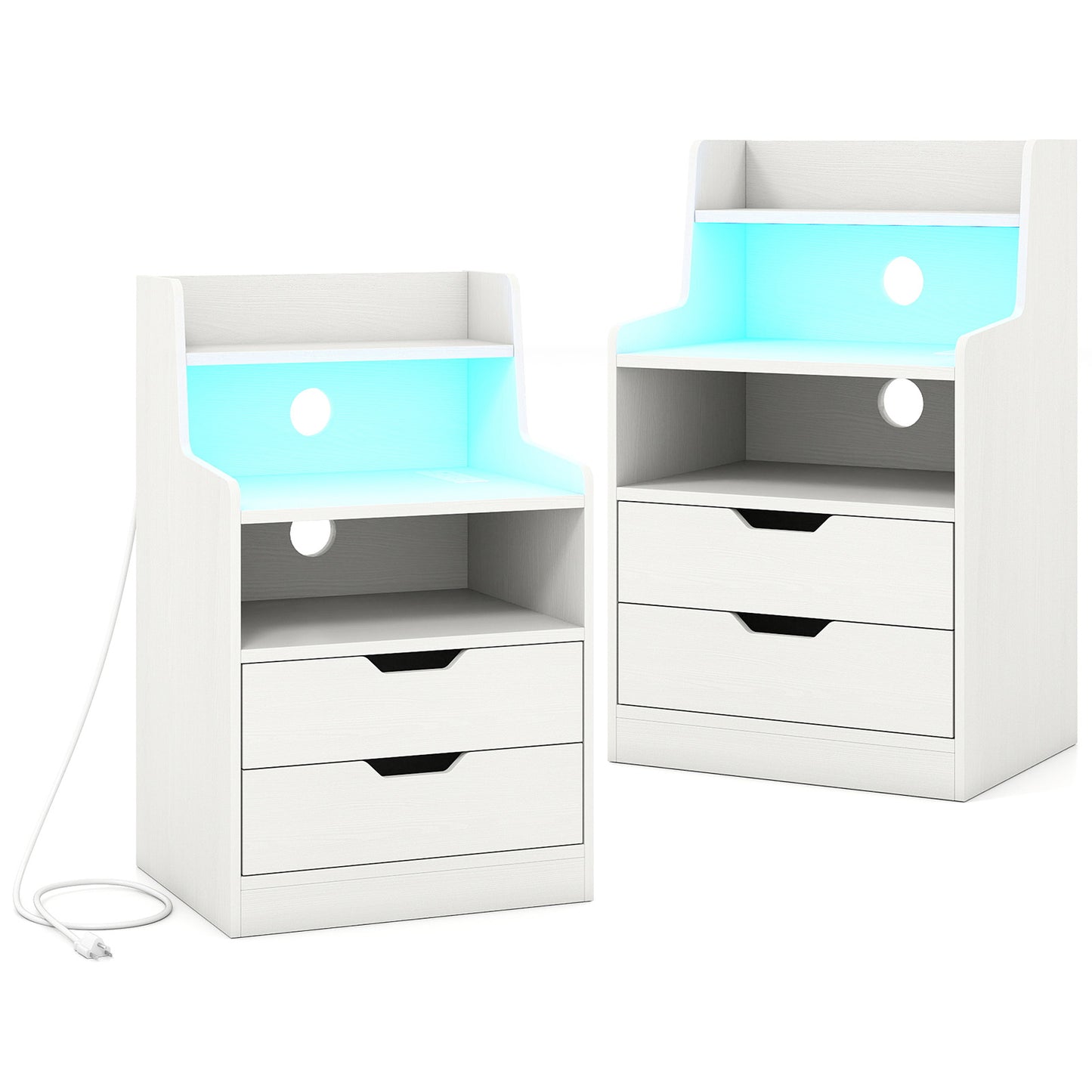 Patiojoy Nightstand with Charging Station & LED Lights Smart Night Stand with Hutch & Remote Black/White