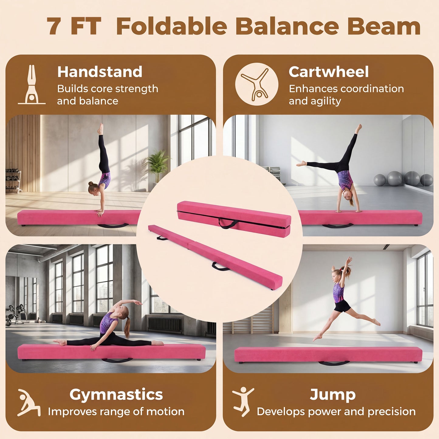 Patiojoy 7 FT Gymnastics Balance Beam Foldable Non-Slip Foam Floor Beam for Kids Teens