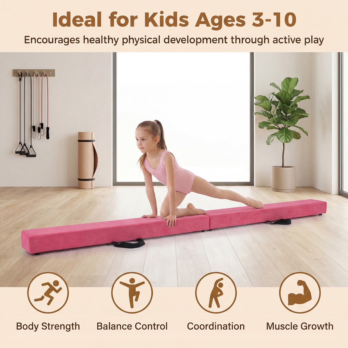 Patiojoy 7 FT Gymnastics Balance Beam Foldable Non-Slip Foam Floor Beam for Kids Teens
