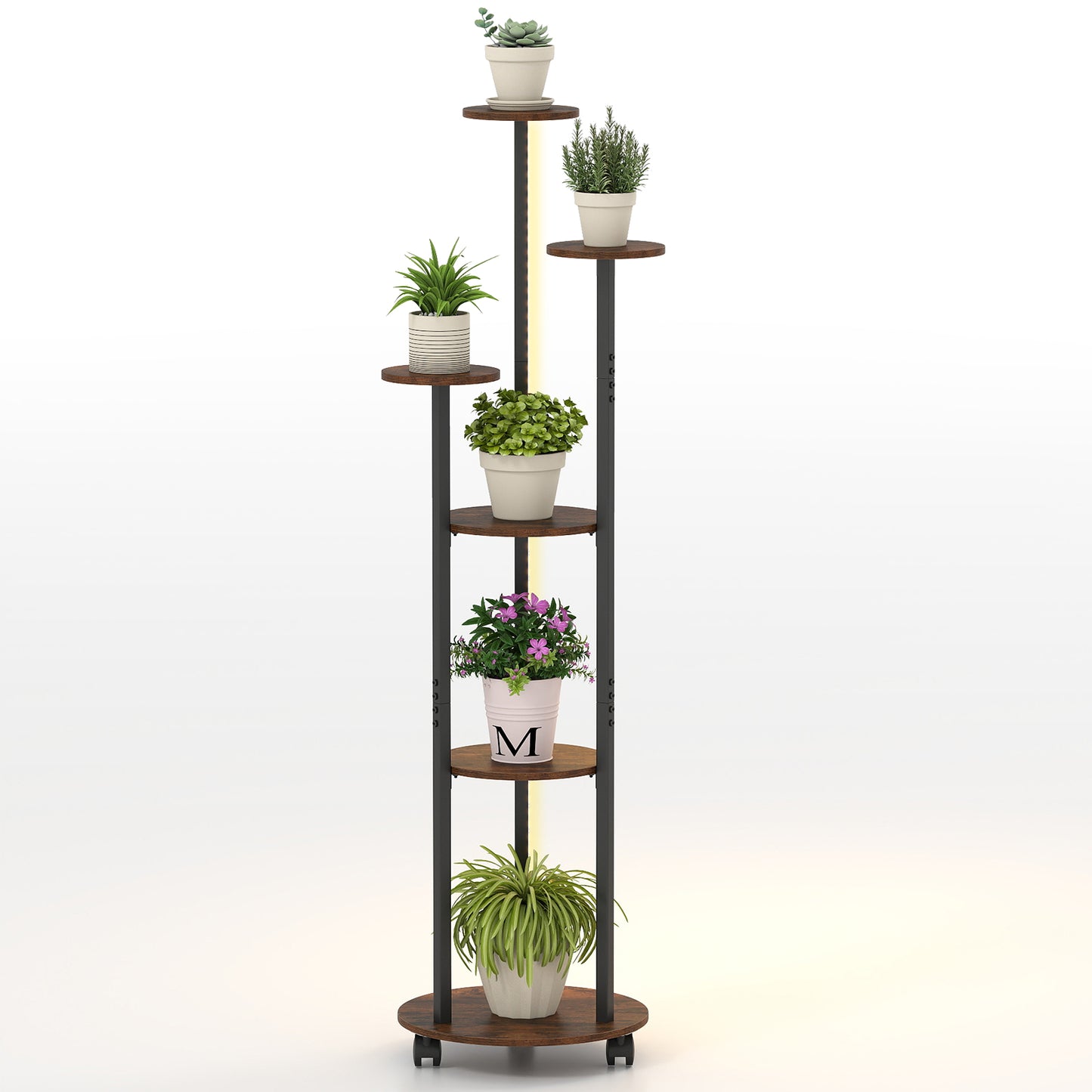 Patiojoy 6-tier Plant Stand with RGB Light & Wheels 57” Tall Indoor Display Shelf Flowerpot Holder with 20 Lighting Modes Rustic Brown/Natural