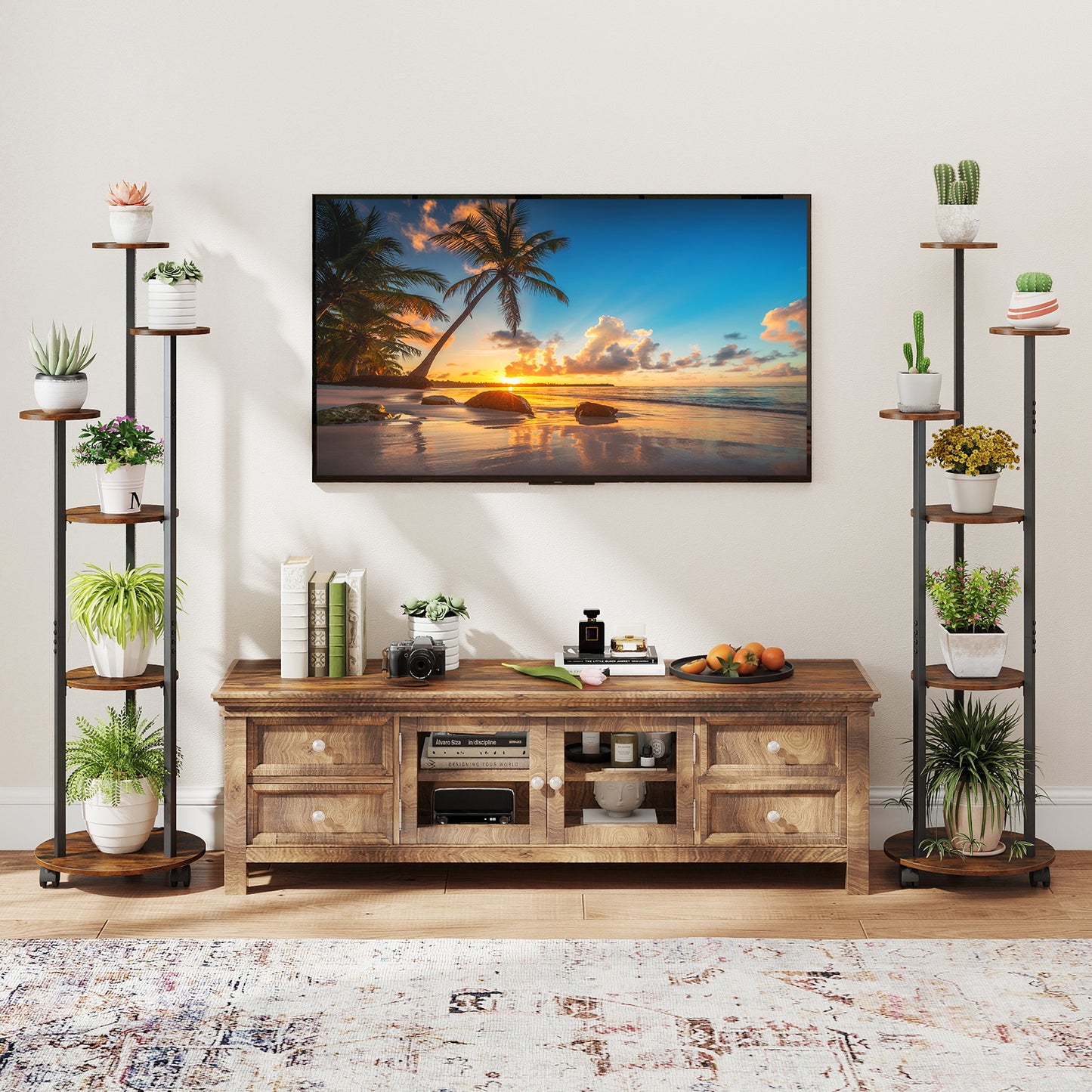 Patiojoy 6-tier Plant Stand with RGB Light & Wheels 57” Tall Indoor Display Shelf Flowerpot Holder with 20 Lighting Modes Rustic Brown/Natural