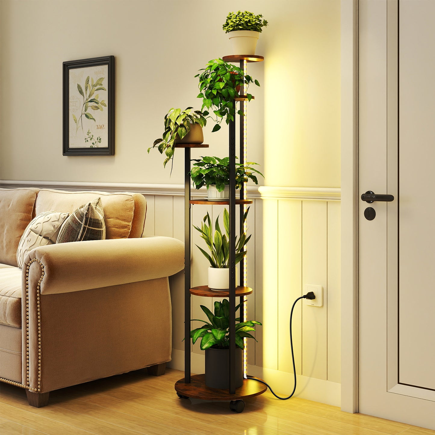 Patiojoy 6-tier Plant Stand with RGB Light & Wheels 57” Tall Indoor Display Shelf Flowerpot Holder with 20 Lighting Modes Rustic Brown/Natural