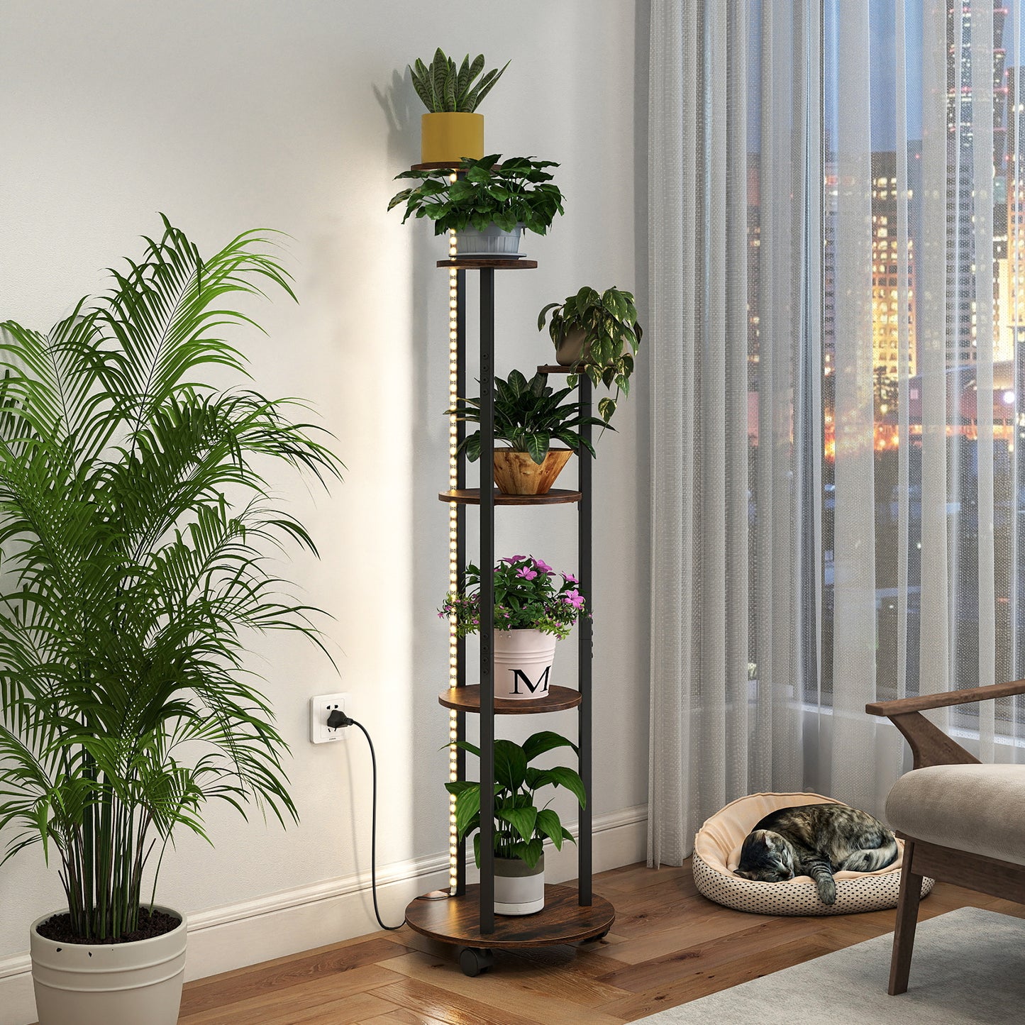 Patiojoy 6-tier Plant Stand with RGB Light & Wheels 57” Tall Indoor Display Shelf Flowerpot Holder with 20 Lighting Modes Rustic Brown/Natural