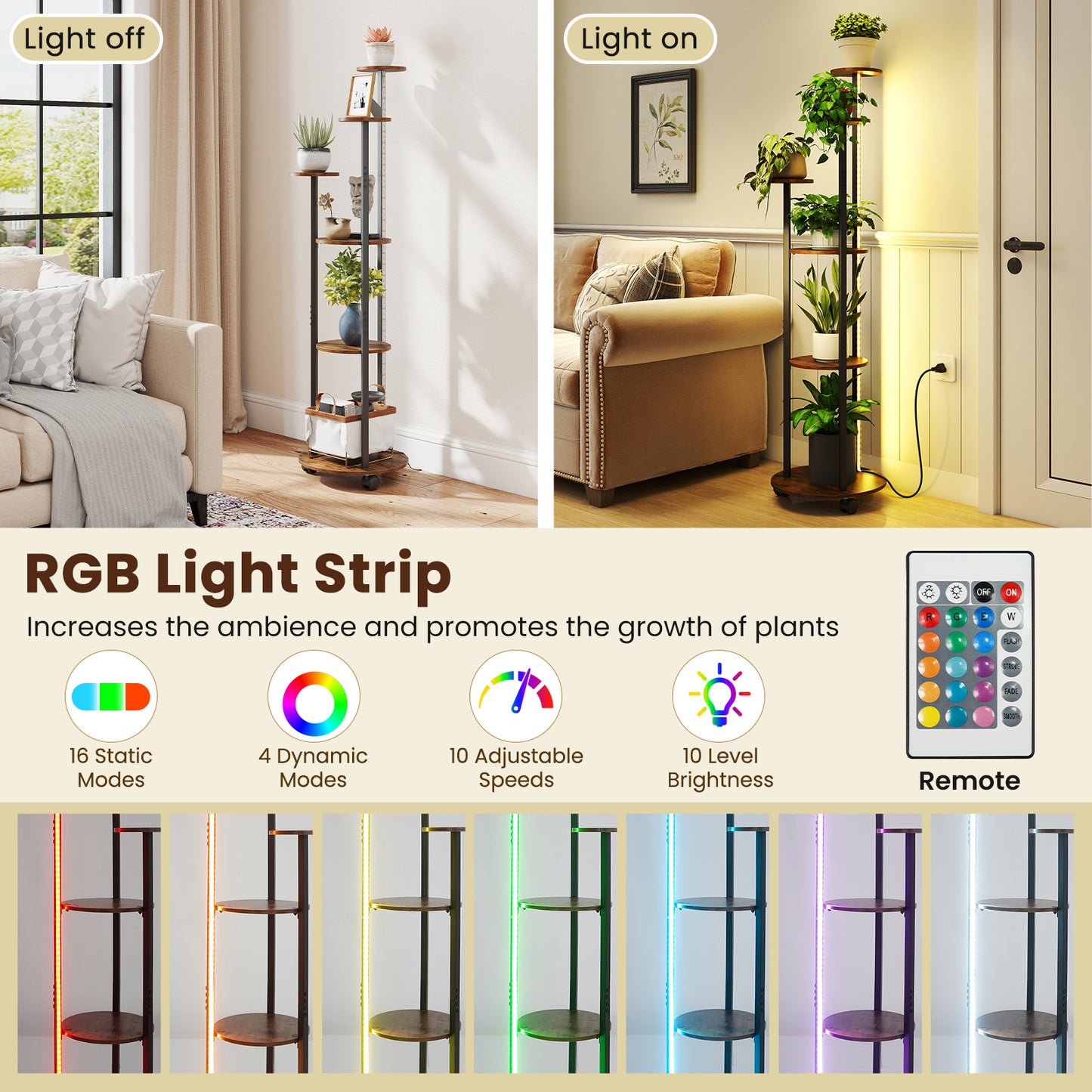 Patiojoy 6-tier Plant Stand with RGB Light & Wheels 57” Tall Indoor Display Shelf Flowerpot Holder with 20 Lighting Modes Rustic Brown/Natural