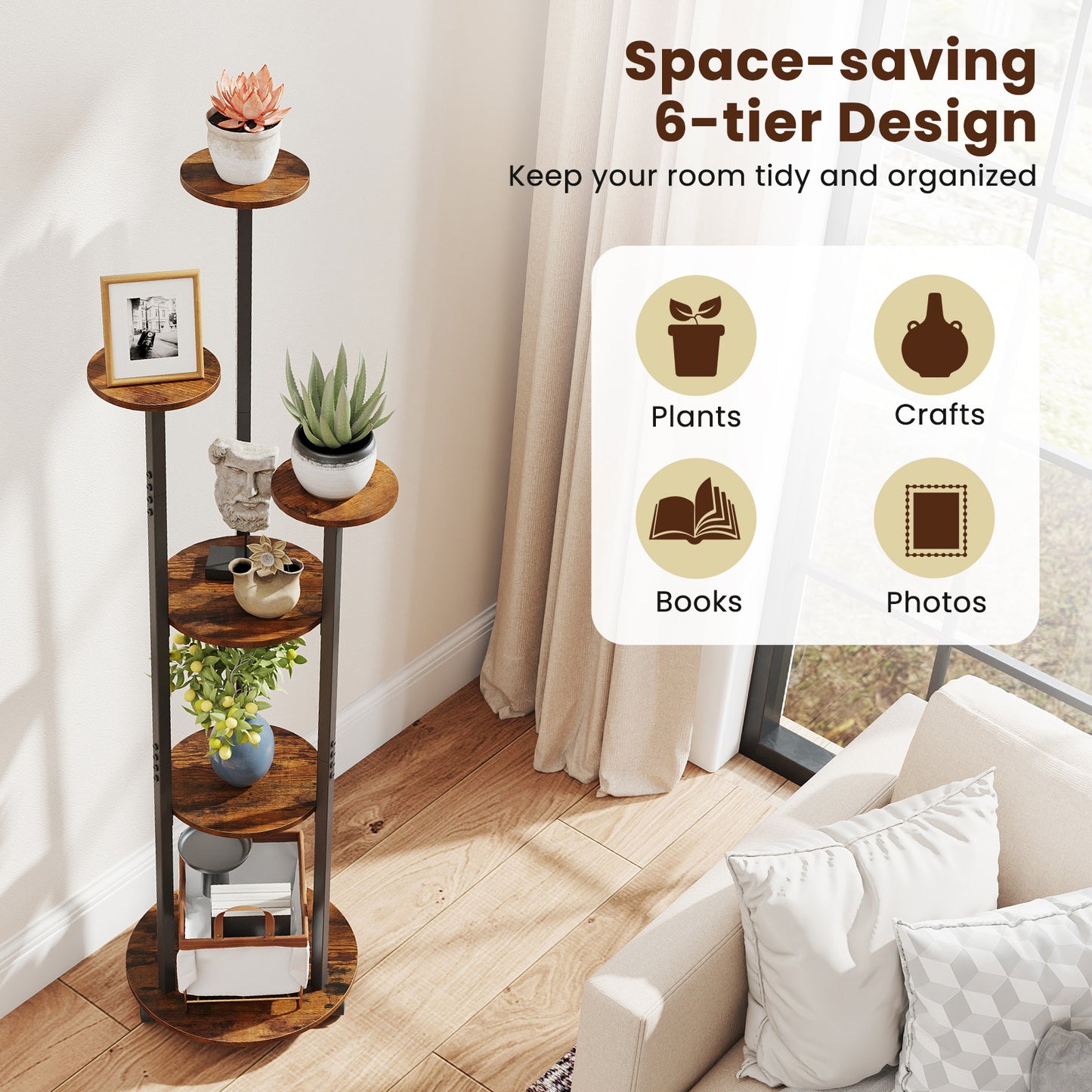 Patiojoy 6-tier Plant Stand with RGB Light & Wheels 57” Tall Indoor Display Shelf Flowerpot Holder with 20 Lighting Modes Rustic Brown/Natural