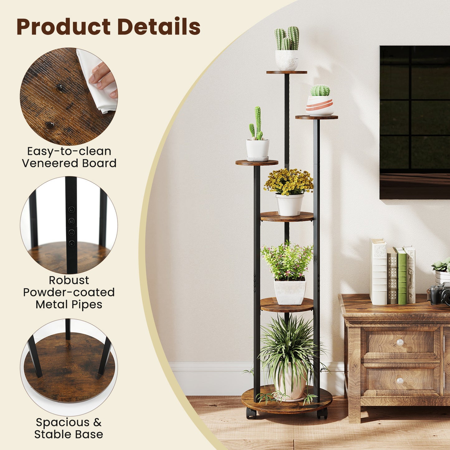 Patiojoy 6-tier Plant Stand with RGB Light & Wheels 57” Tall Indoor Display Shelf Flowerpot Holder with 20 Lighting Modes Rustic Brown/Natural
