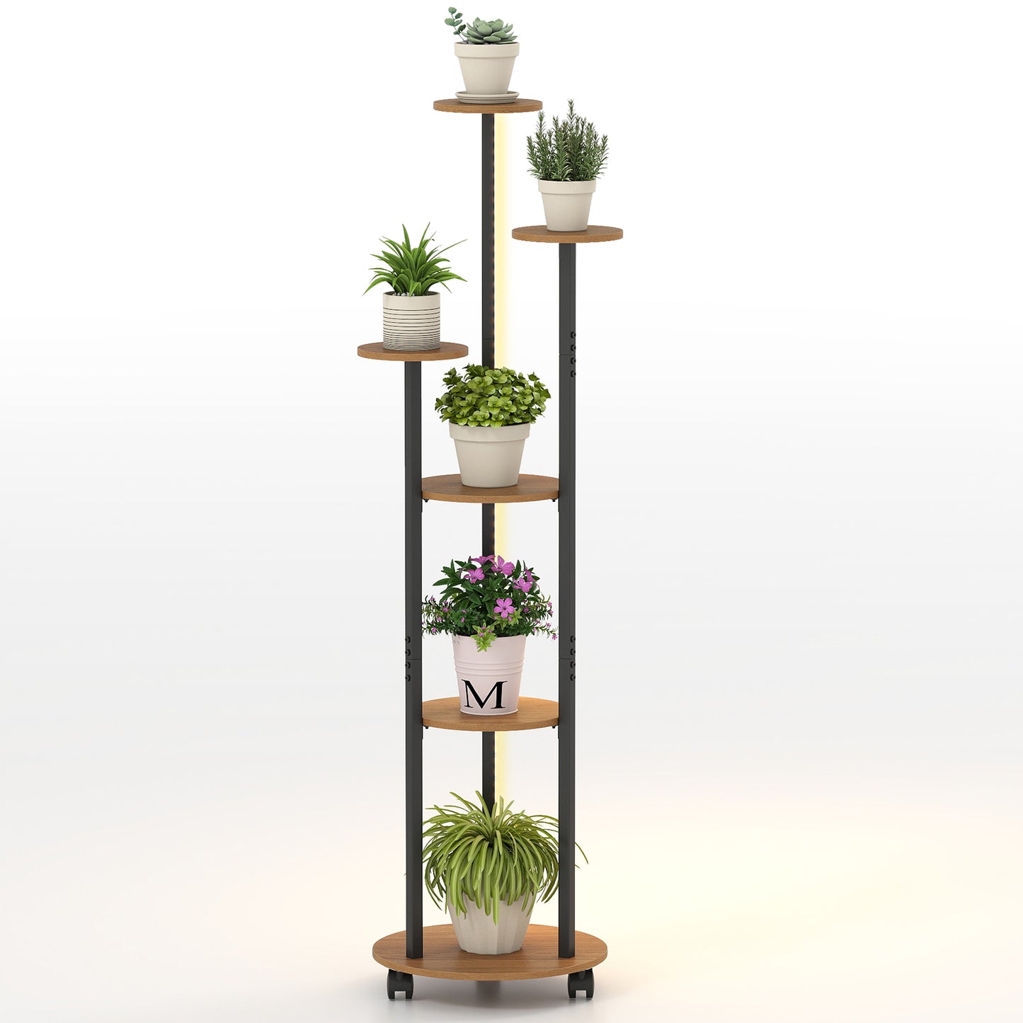 Patiojoy 6-tier Plant Stand with RGB Light & Wheels 57” Tall Indoor Display Shelf Flowerpot Holder with 20 Lighting Modes Rustic Brown/Natural