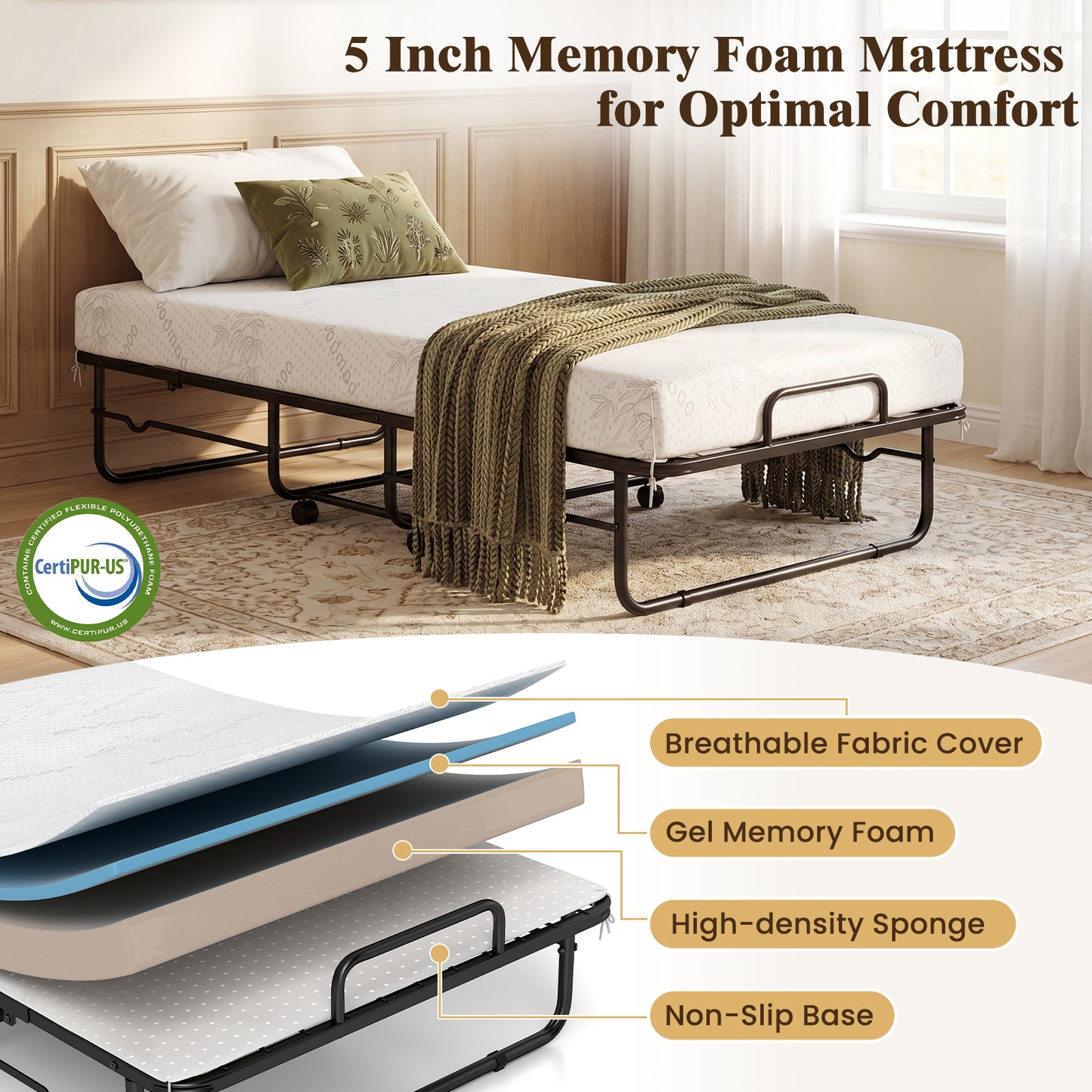 Patiojoy Folding Bed with 5-Inch Memory Foam Twin Size Rolling Guest Bed