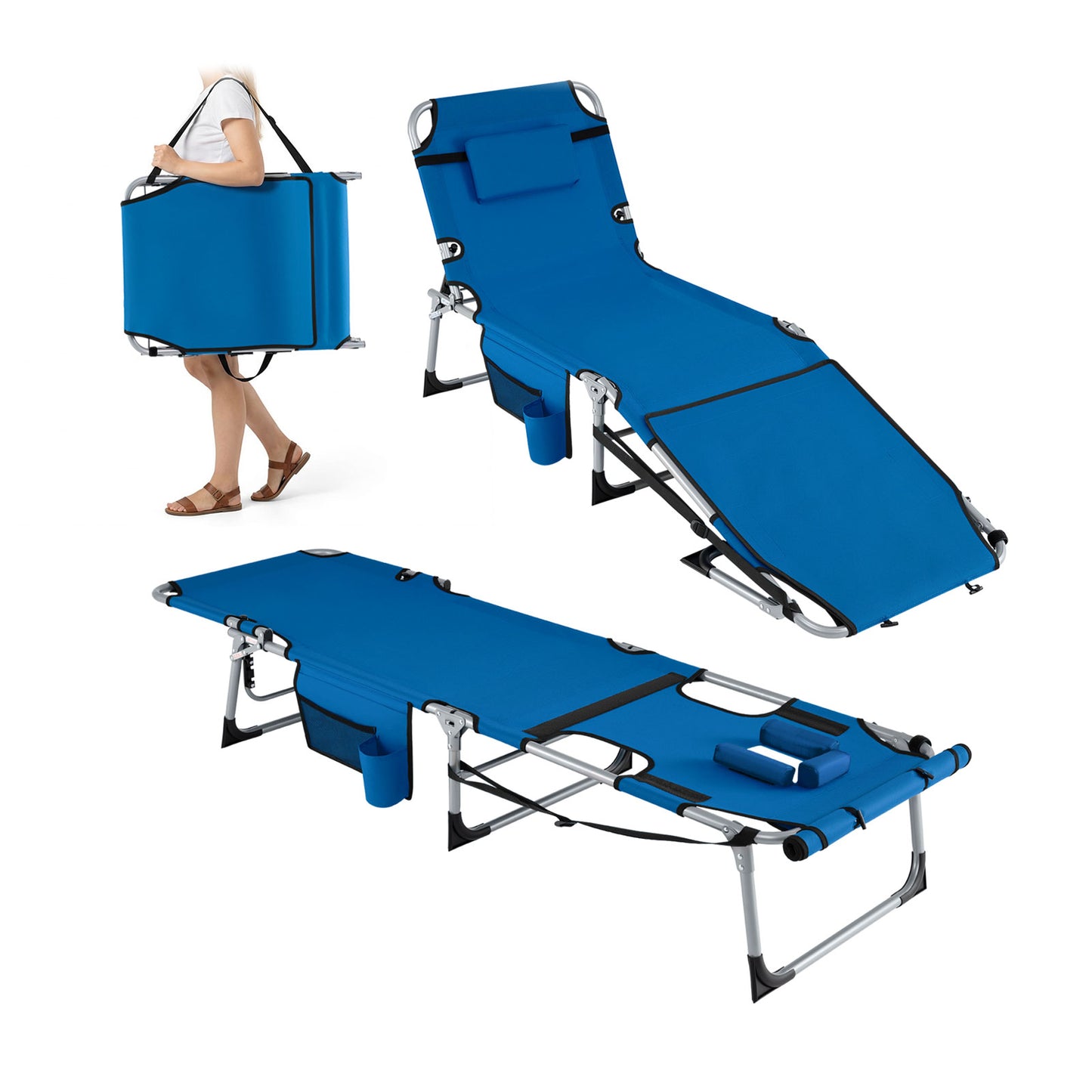 Patiojoy Folding Tanning Chair Sunbathing Recliner w/Face Hole & Removable Pillow Adjustable Backrest & Leg Positions