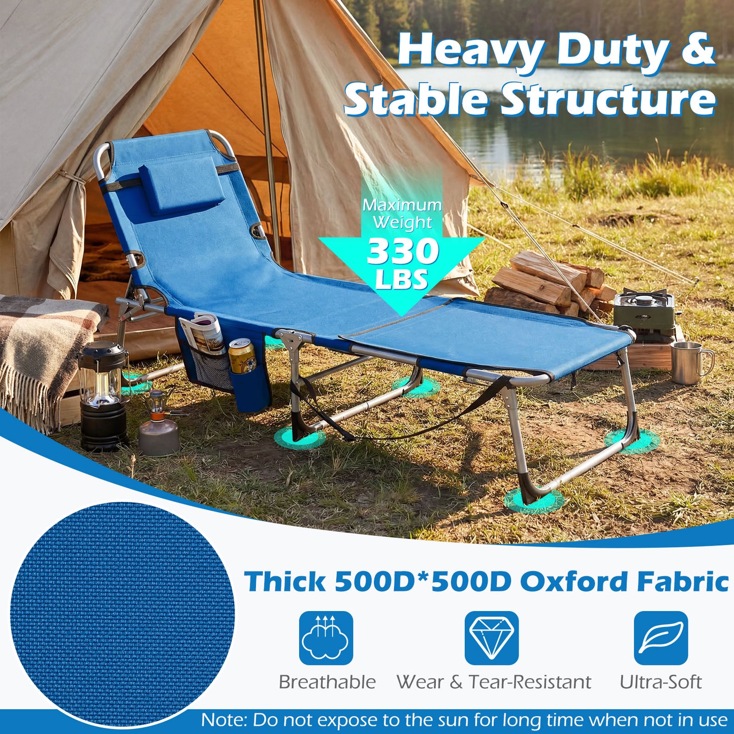 Patiojoy Folding Tanning Chair Sunbathing Recliner w/Face Hole & Removable Pillow Adjustable Backrest & Leg Positions