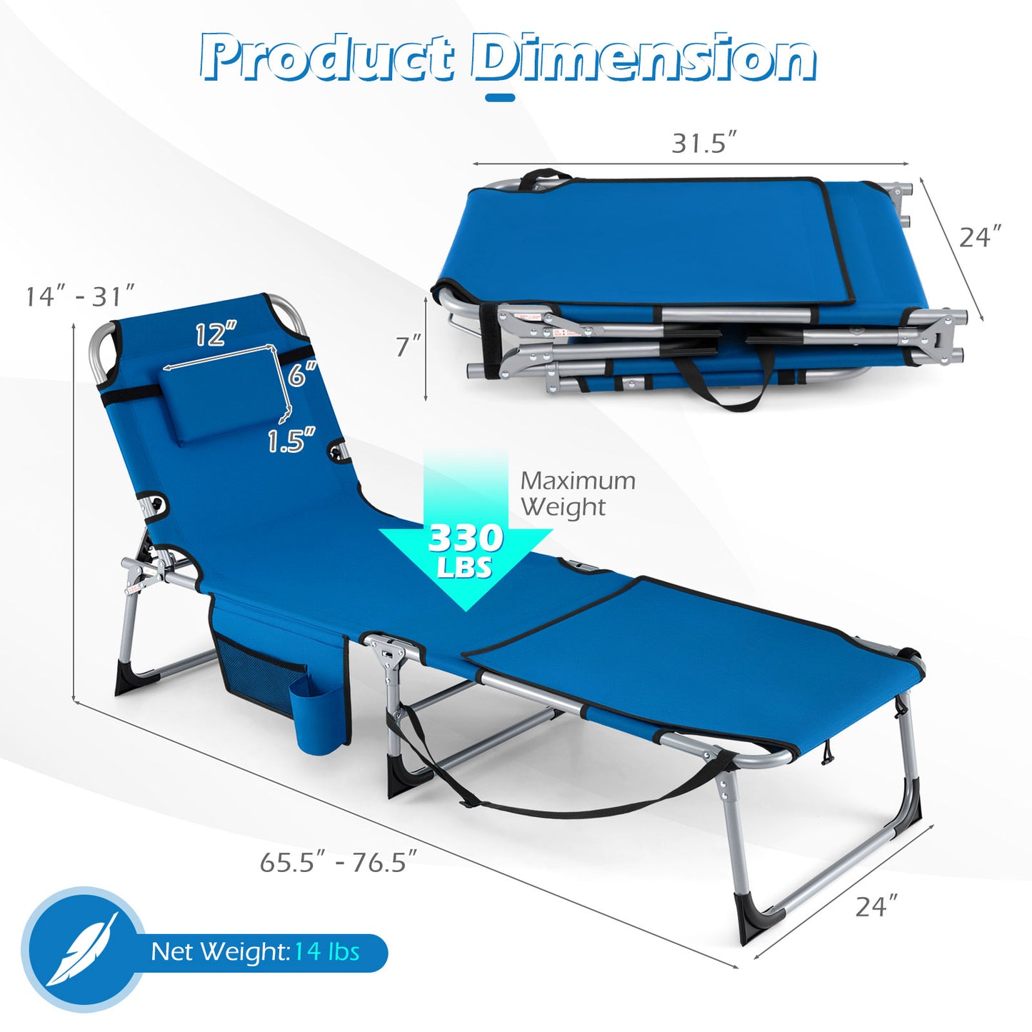 Patiojoy Folding Tanning Chair Sunbathing Recliner w/Face Hole & Removable Pillow Adjustable Backrest & Leg Positions
