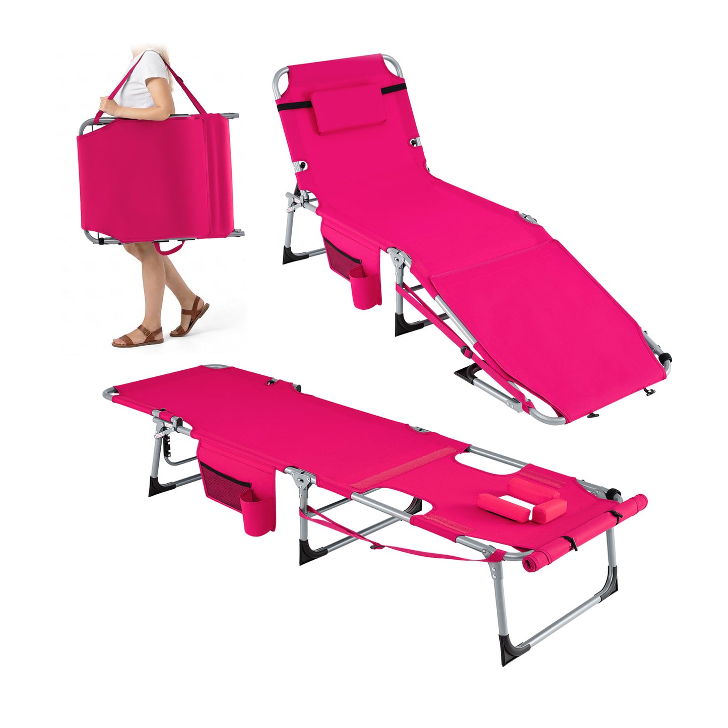 Patiojoy Folding Tanning Chair Sunbathing Recliner w/Face Hole & Removable Pillow Adjustable Backrest & Leg Positions