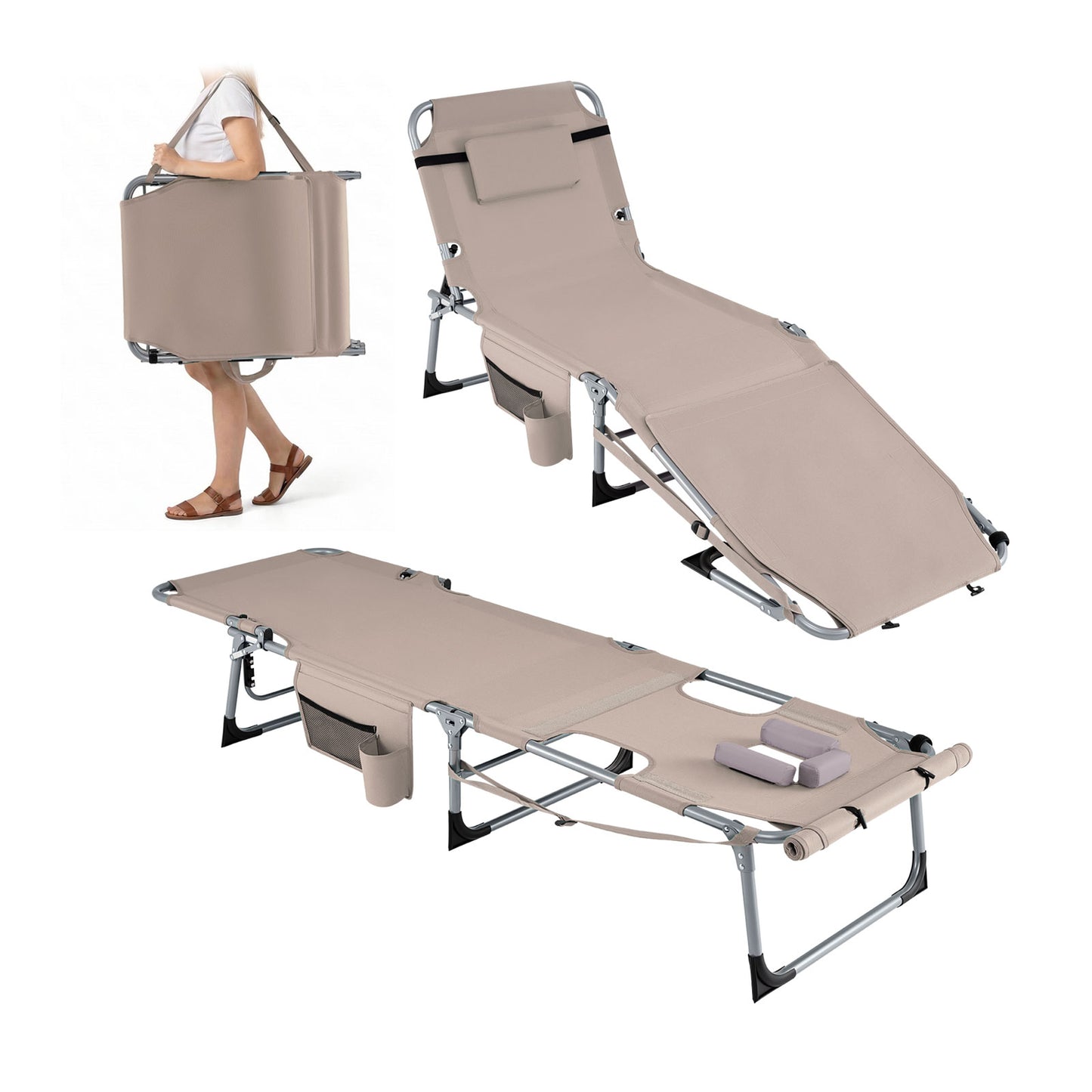 Patiojoy Folding Tanning Chair Sunbathing Recliner w/Face Hole & Removable Pillow Adjustable Backrest & Leg Positions