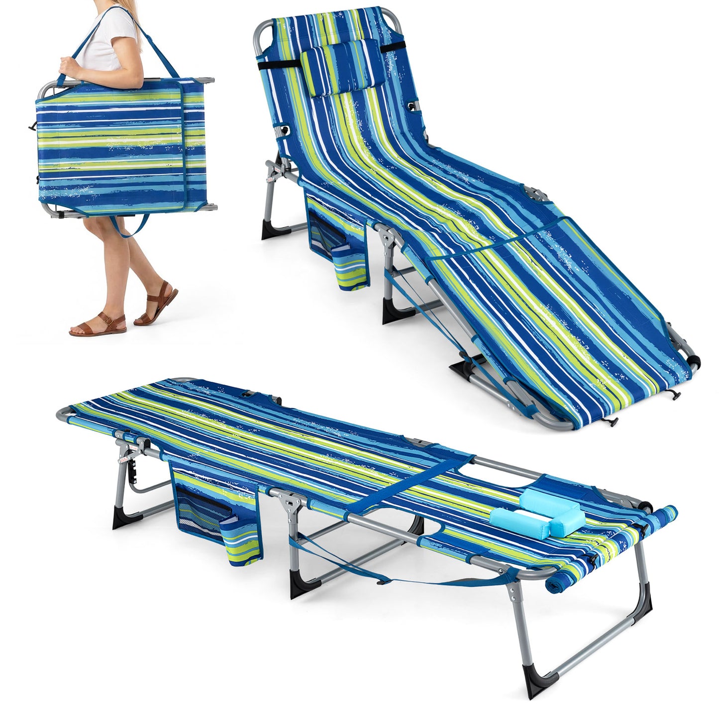 Patiojoy Folding Tanning Chair Sunbathing Recliner w/Face Hole & Removable Pillow Adjustable Backrest & Leg Positions