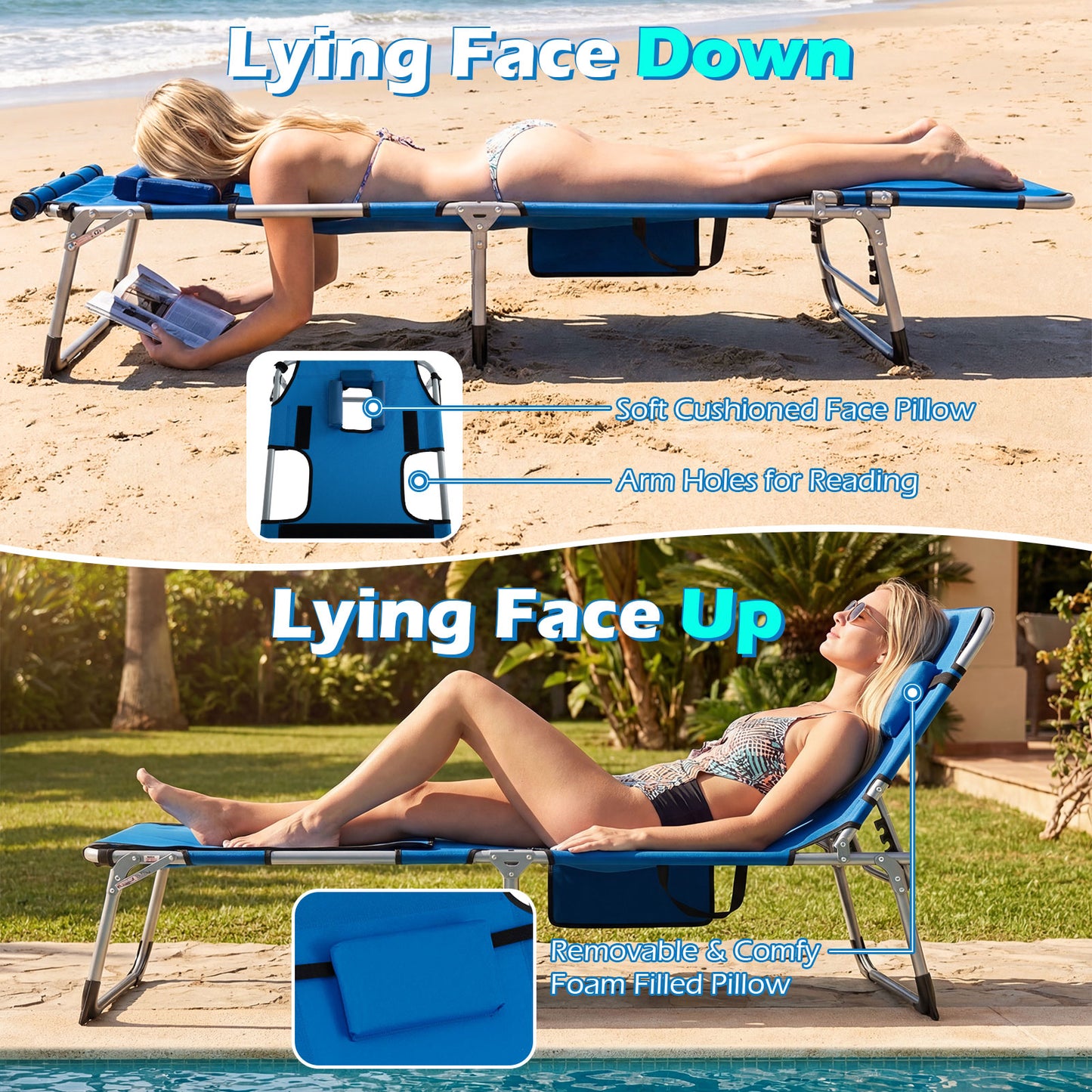 Patiojoy 2PCS Folding Tanning Chair Sunbathing Recliner w/Face Hole & Removable Pillow Adjustable Backrest & Leg Positions