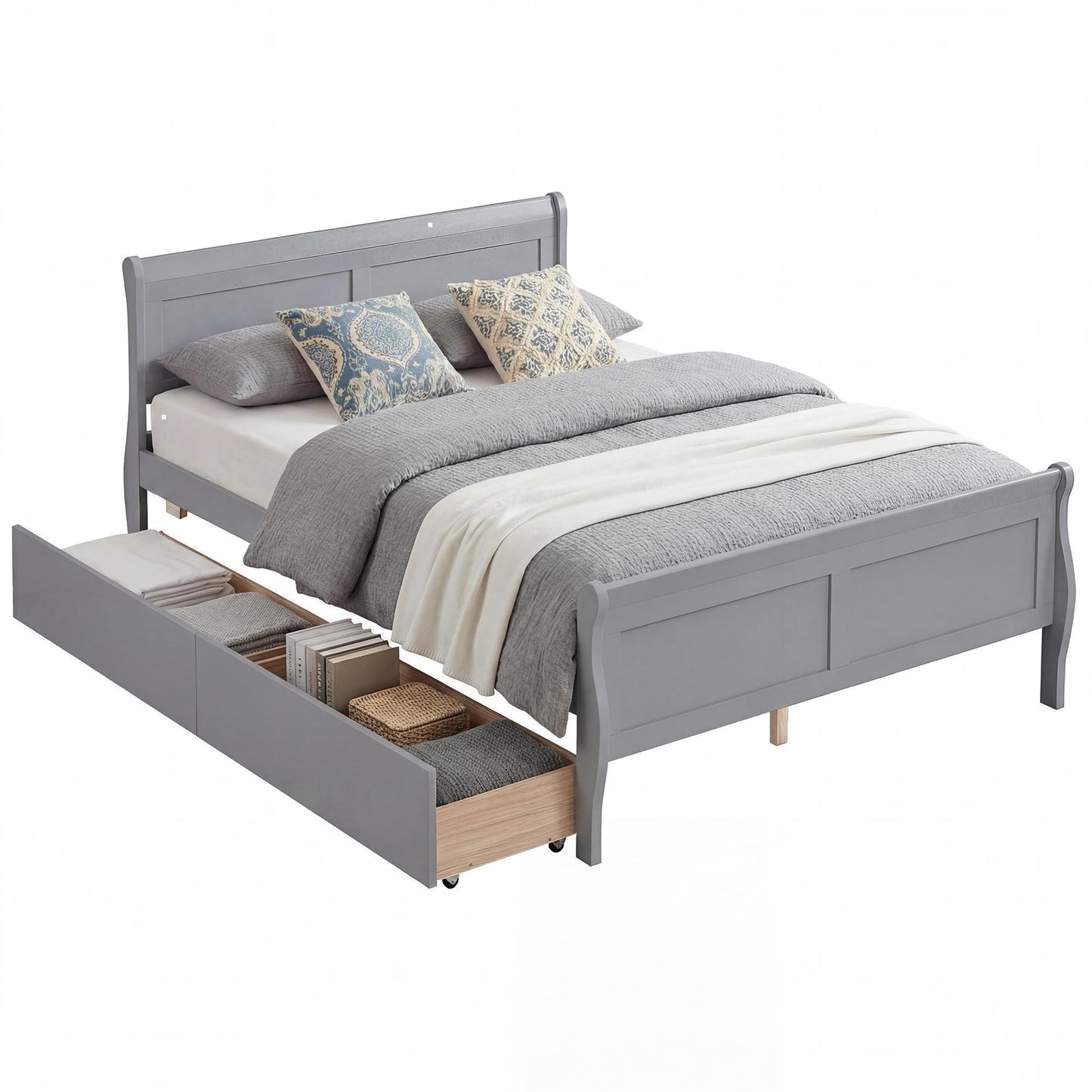 Patiojoy Full Size Bed Frame with 2 Storage Drawers Wood Sleigh Platform Bed Mattress Foundation with Headboard