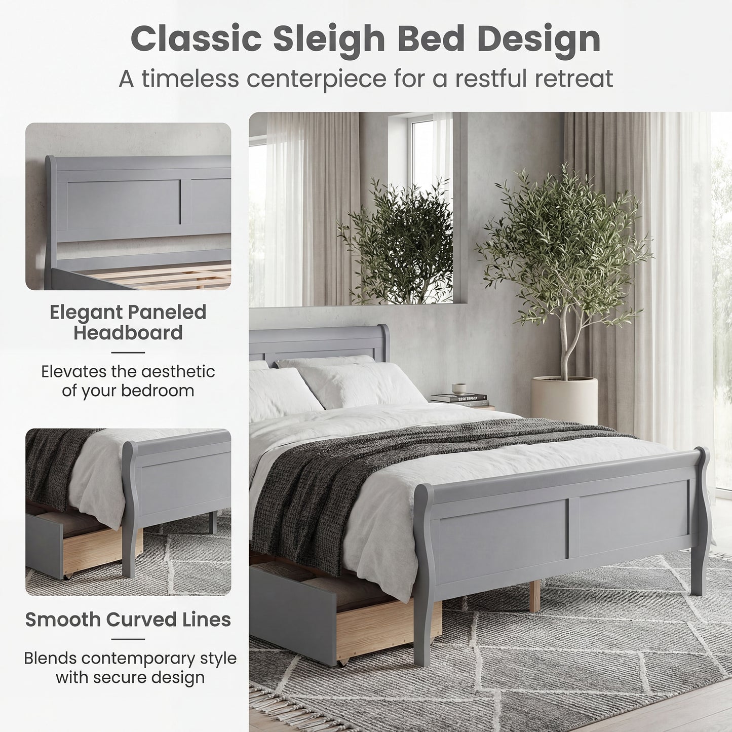 Patiojoy Full Size Bed Frame with 2 Storage Drawers Wood Sleigh Platform Bed Mattress Foundation with Headboard