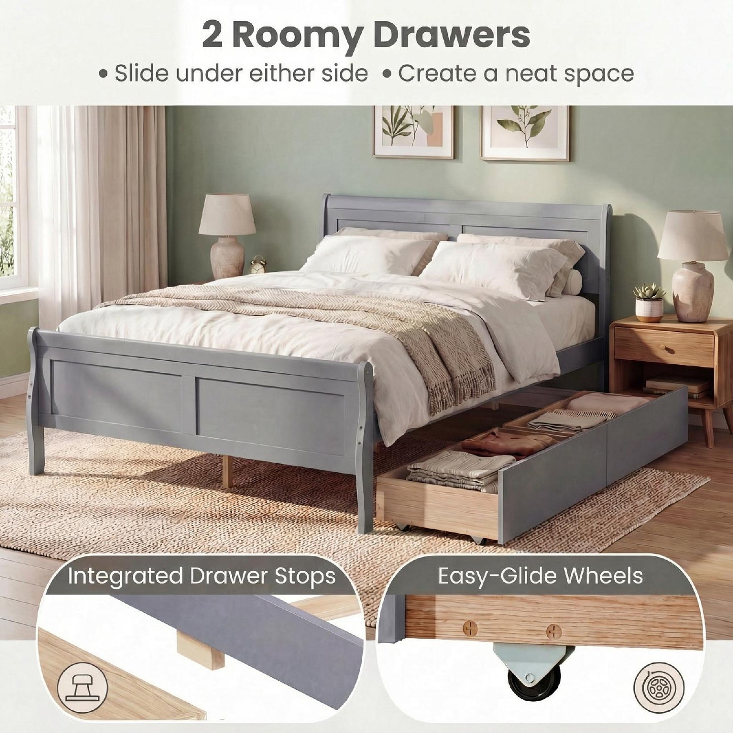 Patiojoy Full Size Bed Frame with 2 Storage Drawers Wood Sleigh Platform Bed Mattress Foundation with Headboard