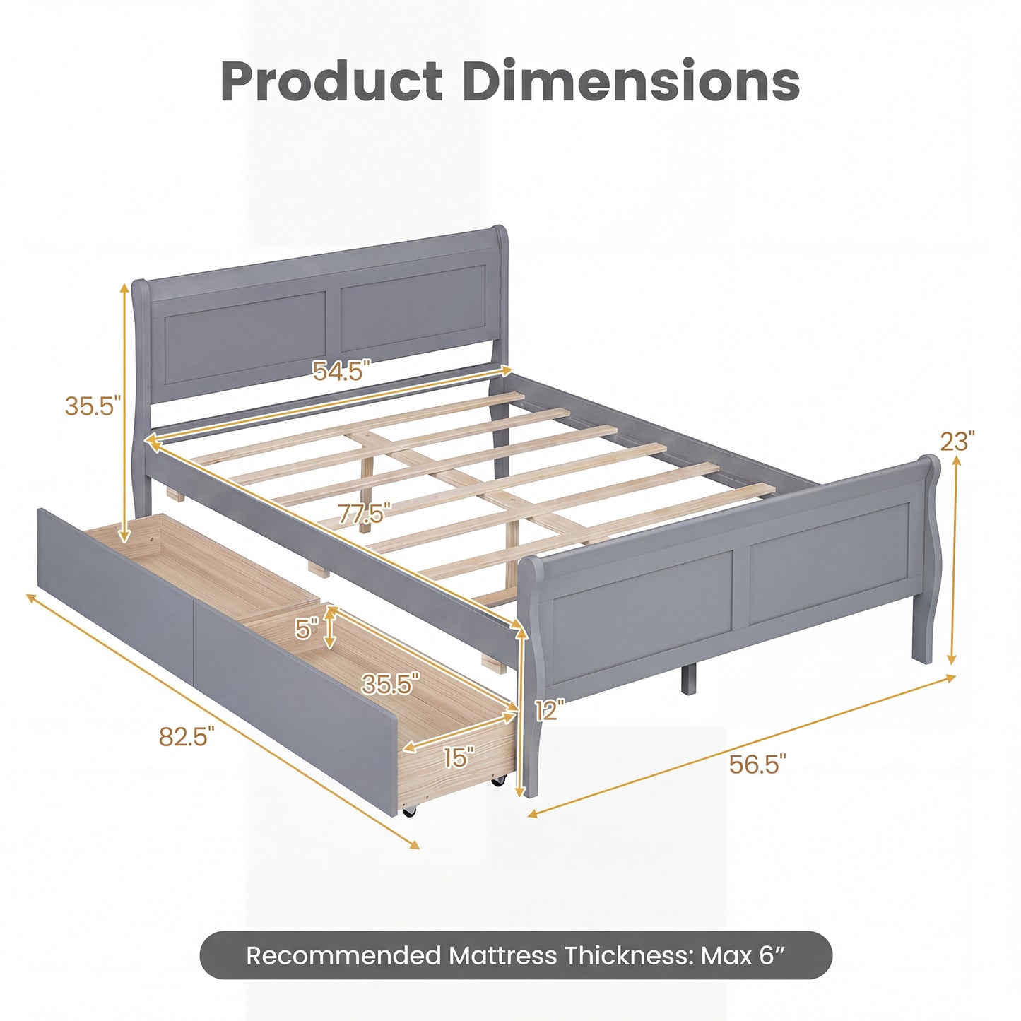 Patiojoy Full Size Bed Frame with 2 Storage Drawers Wood Sleigh Platform Bed Mattress Foundation with Headboard