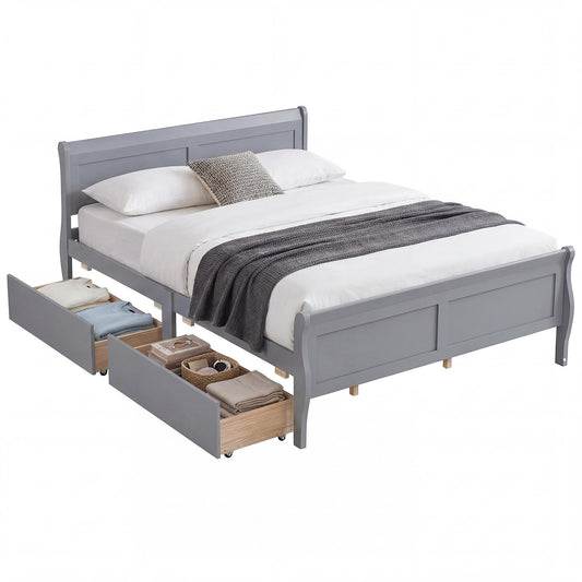Patiojoy Full Size Bed Frame with 2 Storage Drawers Wood Sleigh Platform Bed Mattress Foundation with Headboard